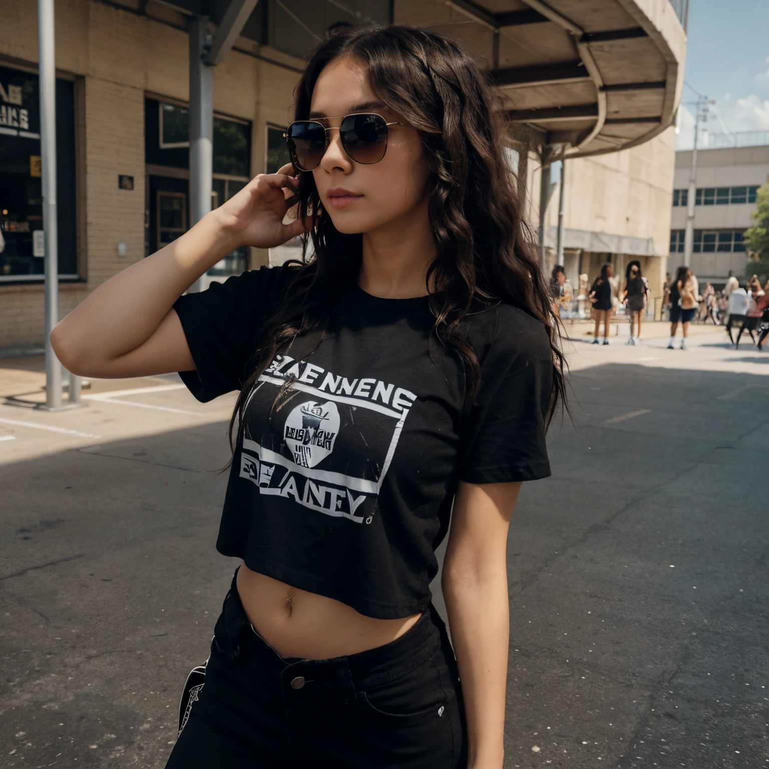 a dancerist girl with medium layered hair who is wearing a tshirt, blackpants, and converse on school watching the band on school but in the midst of the crowds she doesnt see anybody but a girl in band who is a flautist with long hair and have wavy curl on the end and that is wearing a sunglasses, black tshirt, black jeans, and vans