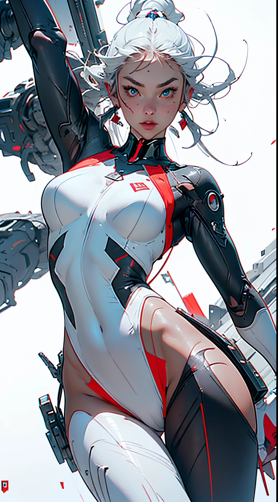 (((Young White Woman))), ((Best Quality)), ((Masterpiece)), (Detail: 1.4), 3D, A Beautiful Cyberpunk Woman with Simon Bisley-style micro thong, Genesis evangelion neon style clothing, 2-piece clothing, Long silver hair, arm tatoo, cybernetic hands, (((cyborg, transformer, mech, cyberpunk, gundam))), pastel, Centered, scale to fit the dimensions, nffsw (High dynamic range),Ray tracing,NVIDIA RTX,Hyper-Resolution,Unreal 5,Subsurface Dispersion, PBR Texture, Post-processing, Anisotropy Filtering, depth of fields, Maximum clarity and sharpness, Multilayer textures, Albedo and specular maps, Surface Shading, accurate simulation of light and material interactions, Perfect proportions, Octane Render, Two-tone lighting, Wide aperture, Low ISO, White Balance, thirds rule, 8K Raw, Crysisnanosuit,loraeyes,nijistyle,pantyhose, freckles, nsfw, sexual pose ,High detailed, 300dpi, pornstar, ((((white background))), (((sexy pose))), (((flirt))), Blue eyes