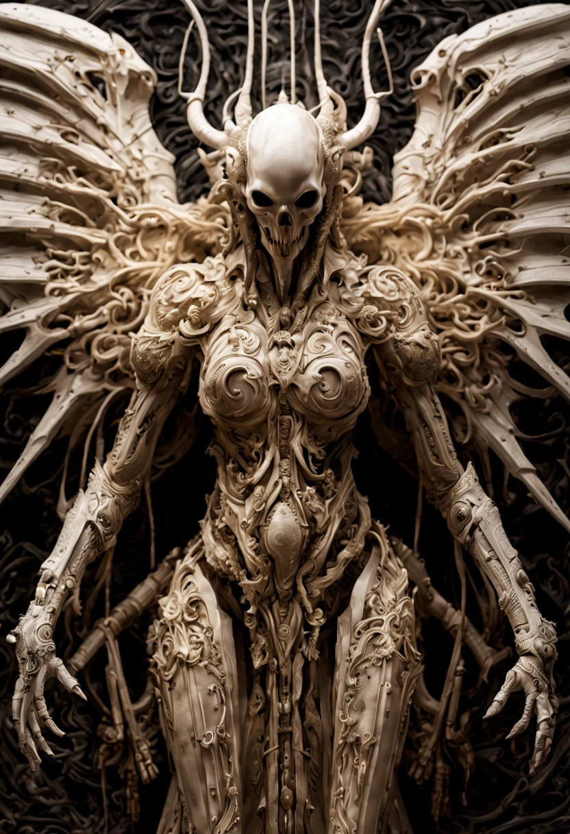 (bizarre but extremely horrific:1.4), (intricate details, masterpiece, best quality:1.4) , in the style of nicola samori, chiaroscuro, massive gigantic horrifying lovecraftian demonic angel, Futuristic sci-fi style, futuristic, technological, alien worlds, space themes, advanced civilizations, dynamic pose, looking at viewer, ivory and white hue, dominant color is ivory, dramatic split lighting, wide angle view,