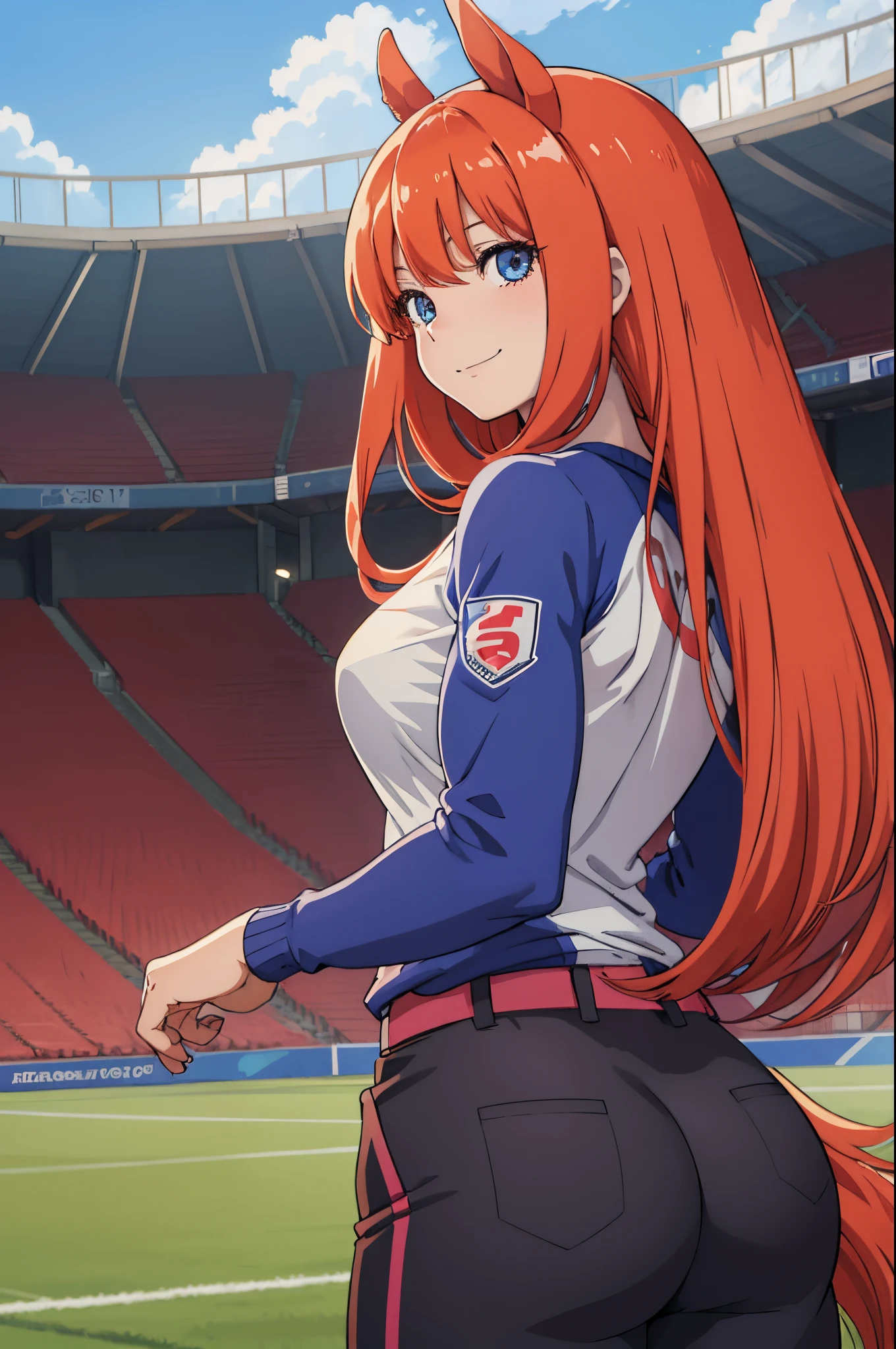 (Best Quality), (masterpiece), (High resolution), (Anime Heroine Illustration),,solo,girl with horse ears,smiling,back turned to the viewer,big muscle butt,Slacks,sporty clothing,soccer field,diamond,multicolored hair,multicolored eyes,muscular female,mature female