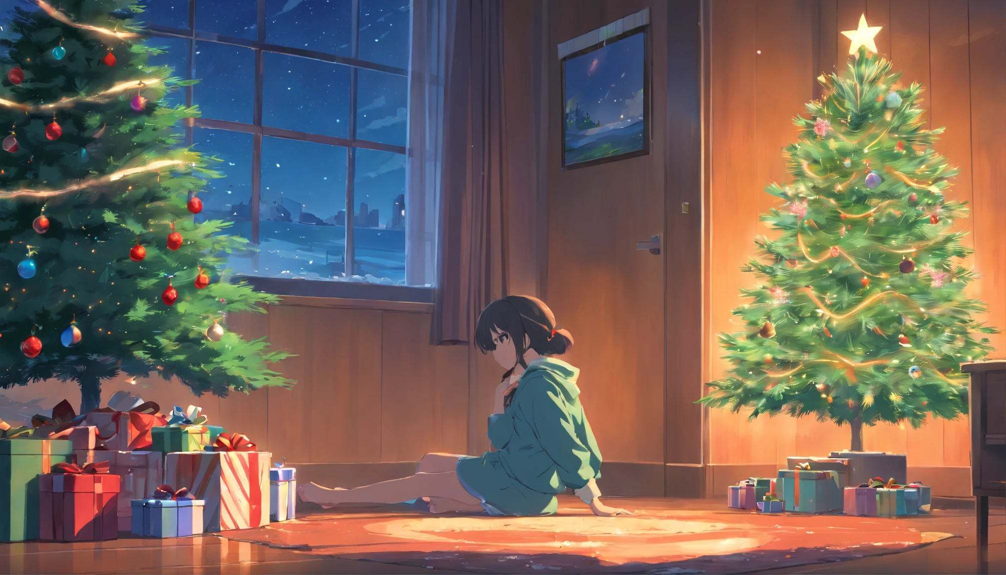 (Best Quality, Movie Poster Style) quiet room, Crouching in front of an unlit tree, Girl having a quiet Christmas