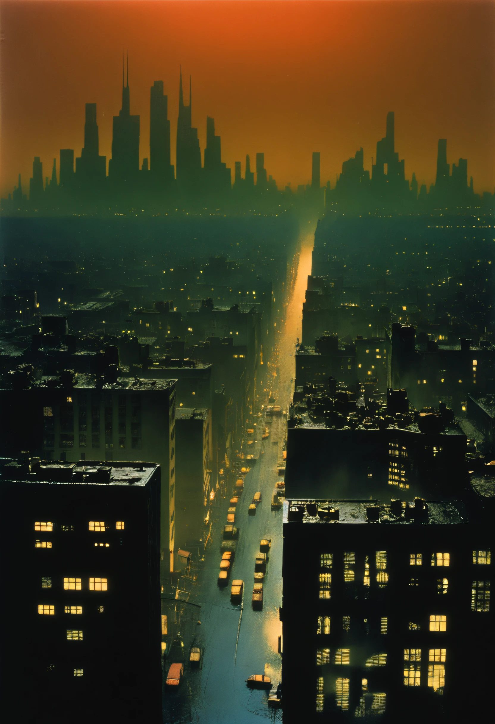 Acid rain cityscape at dusk,Ernst Haas(Ernst Haas)style of