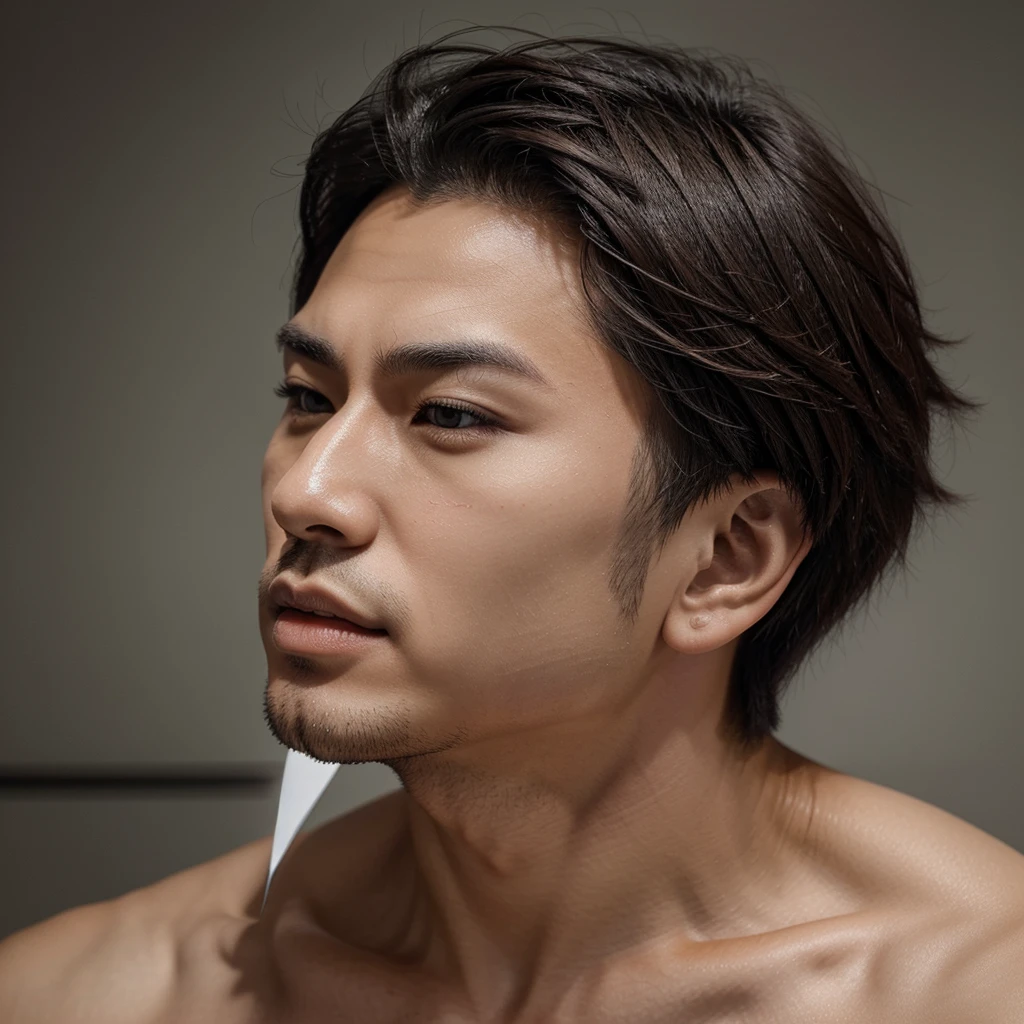 Wolf cut hairstyle, asian man, realistic, hunter eye, pointed nose and thin lips with sharp jawline