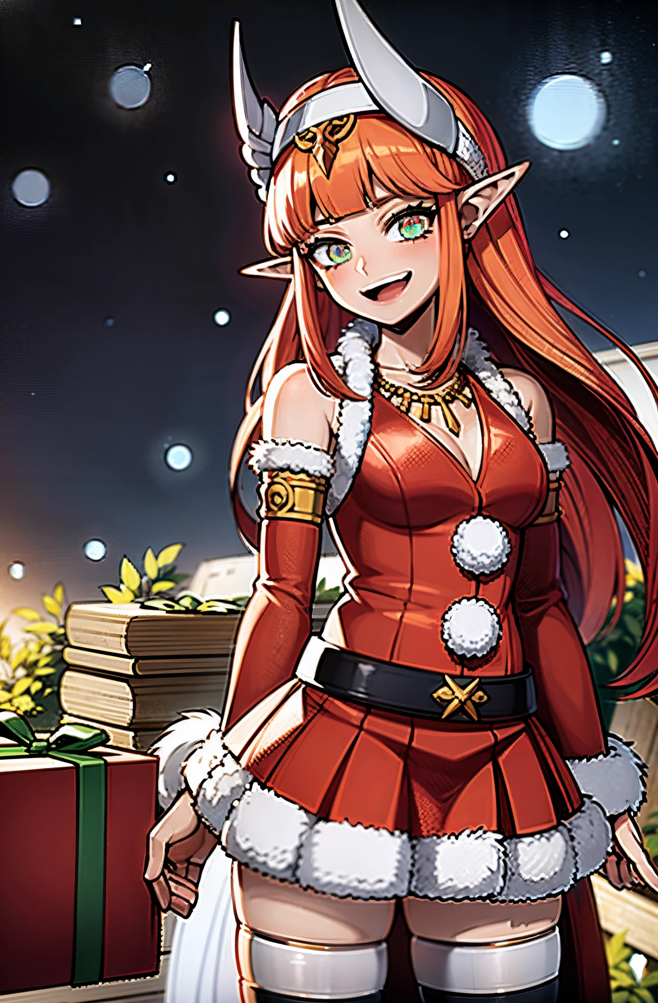 anime girl in santa claus outfit with gifts in snow covered area, ****** elfa, ****** elfa, an elf, Elfpunk, ****** elfo pequeno, Goblins, Elf Machine, Noite de Natal, night core, ****** elfa vestindo um terno da flor, Pixiv, v do diabo pode chorar como um elfo, por Kanbun Master, Arte Oficial, ****, chan sakimi