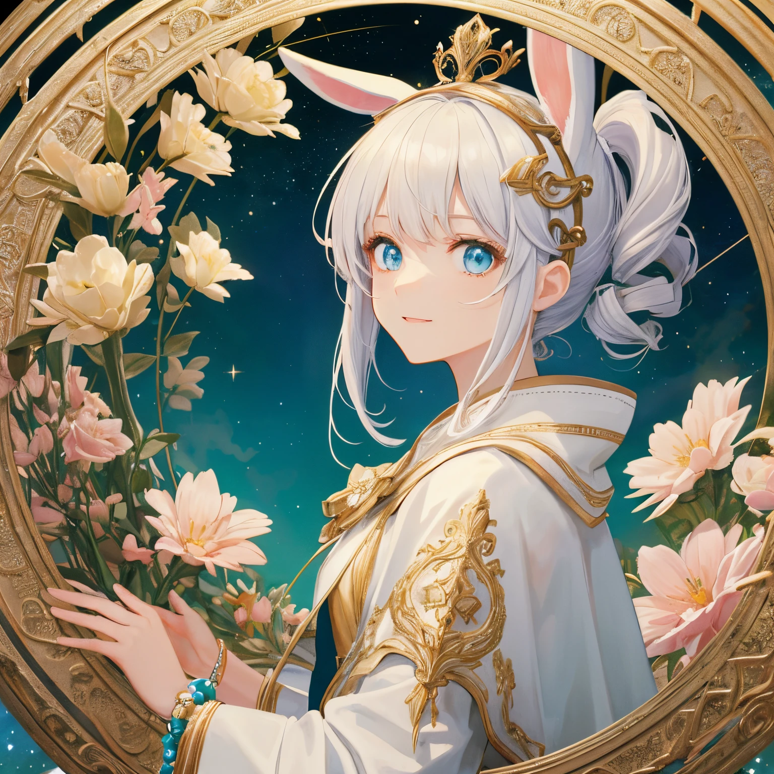 （（Gorgeous starry sky background），（（ultra - detailed）），（（Best Best Illustration），（（电影lamplight）），{{cute anime face}}，（Best quality at best），（ultra - detailed），（The best illustrations），（very delicate beautiful}，{album covers}，album，(Best quality at best,4K,A high resolution),Anime girl with bunny ears,Very long white rabbit ears， Travel through the universe, Wearing a flowing white magical girl robe，with smile, long flowing white hair, intricate headpiece, colorful bracelet, this rabbit#39;The ears are so long, Full body photo, cosmic, Interstellar Travel, galaxias, Starcloud, asteroids, vastness, Twinkling stars, A vibrant fantasy world, majestic cosmic background, Widescreen wallpaper，(tmasterpiece), (Best quality), (ultra - detailed),(curlies),(lamplight), (Fashion clothing),beautidful eyes, exquisite and beautiful face, floating, (high saturated), (shine), Serafre#39;Works on artstation, thick acrylic, Illustration on Pixiv, Portrait of waist up, Best quality , ultra - detailed, sad, skilled, Nice face, Character styles rendered by Octane,bright，cheerful，Interesting，gentlesoftlighting，（bauhause，shape，line engineering，Abstract：1.1）,Best quality，cinematic Film still from，