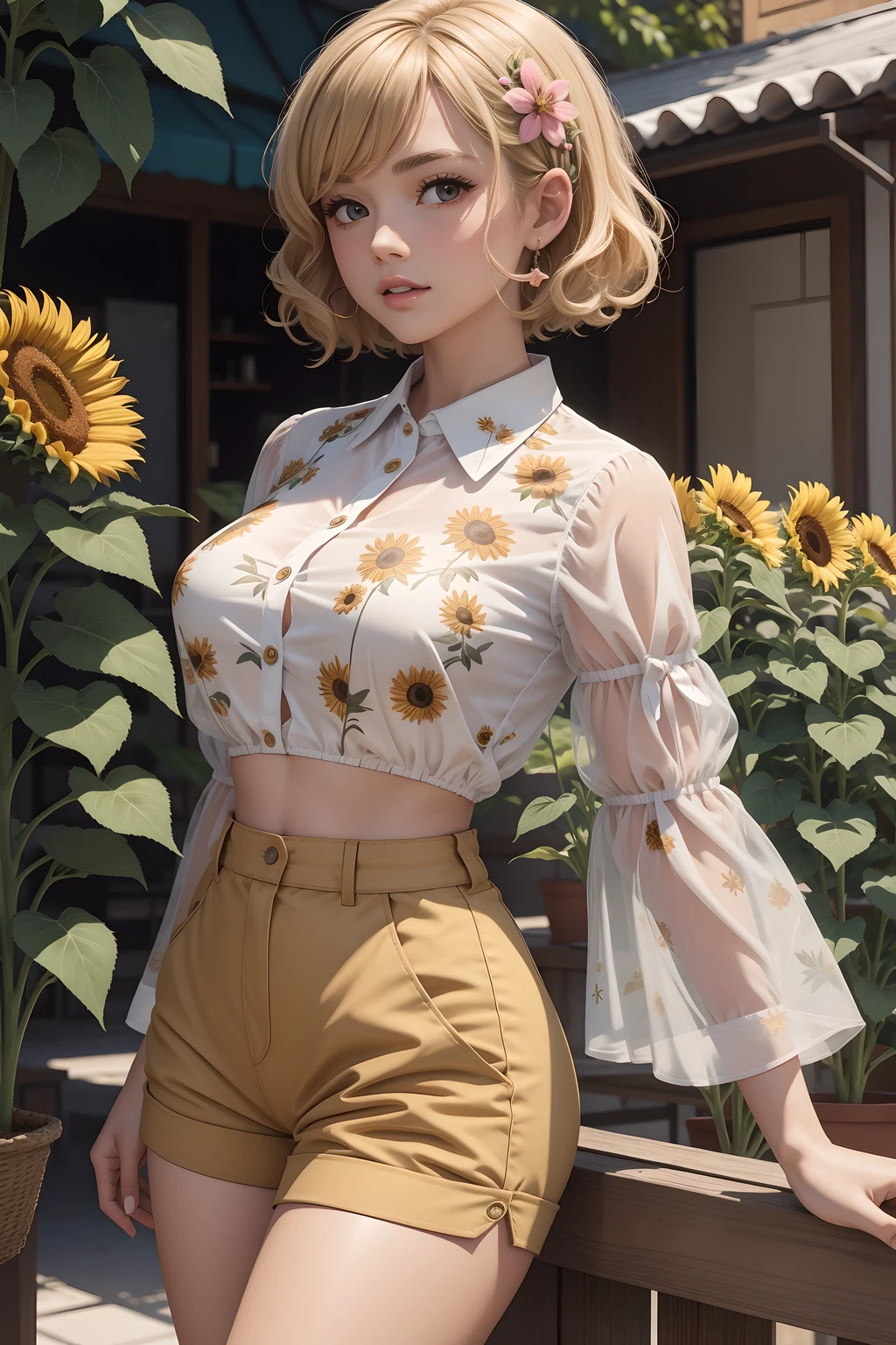(((Masterpiece))), a sweet woman, top quality, super detailed, cute and spunky, retro 60's style, fair skin, short curly blonde hair with flower clips, pink button up crop top transparent floral print sleeves, tan high waist button up shorts, sunflowers