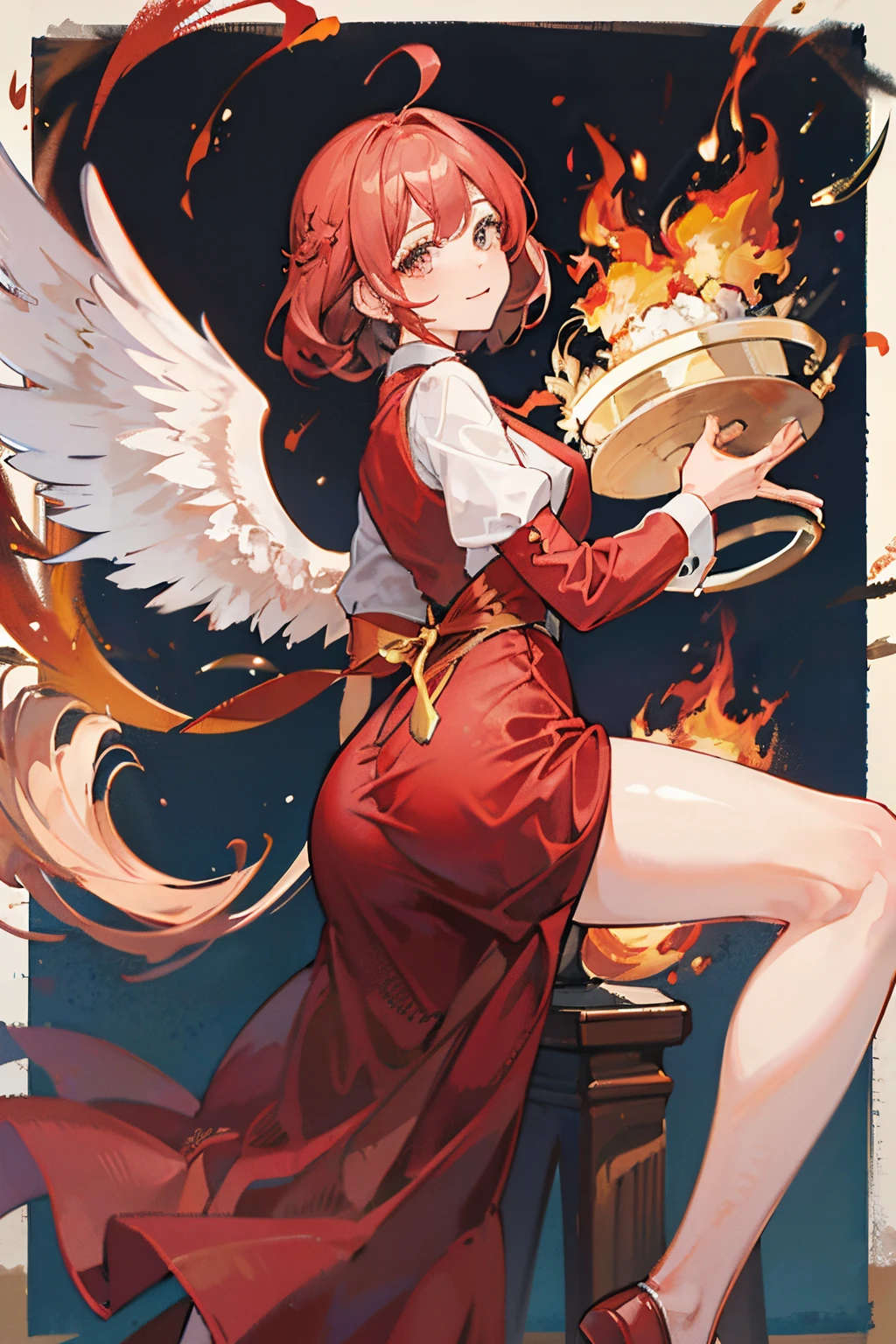 Vestido de fuego, Pelo rojo, llamas alrededor del fondo. Fire wings