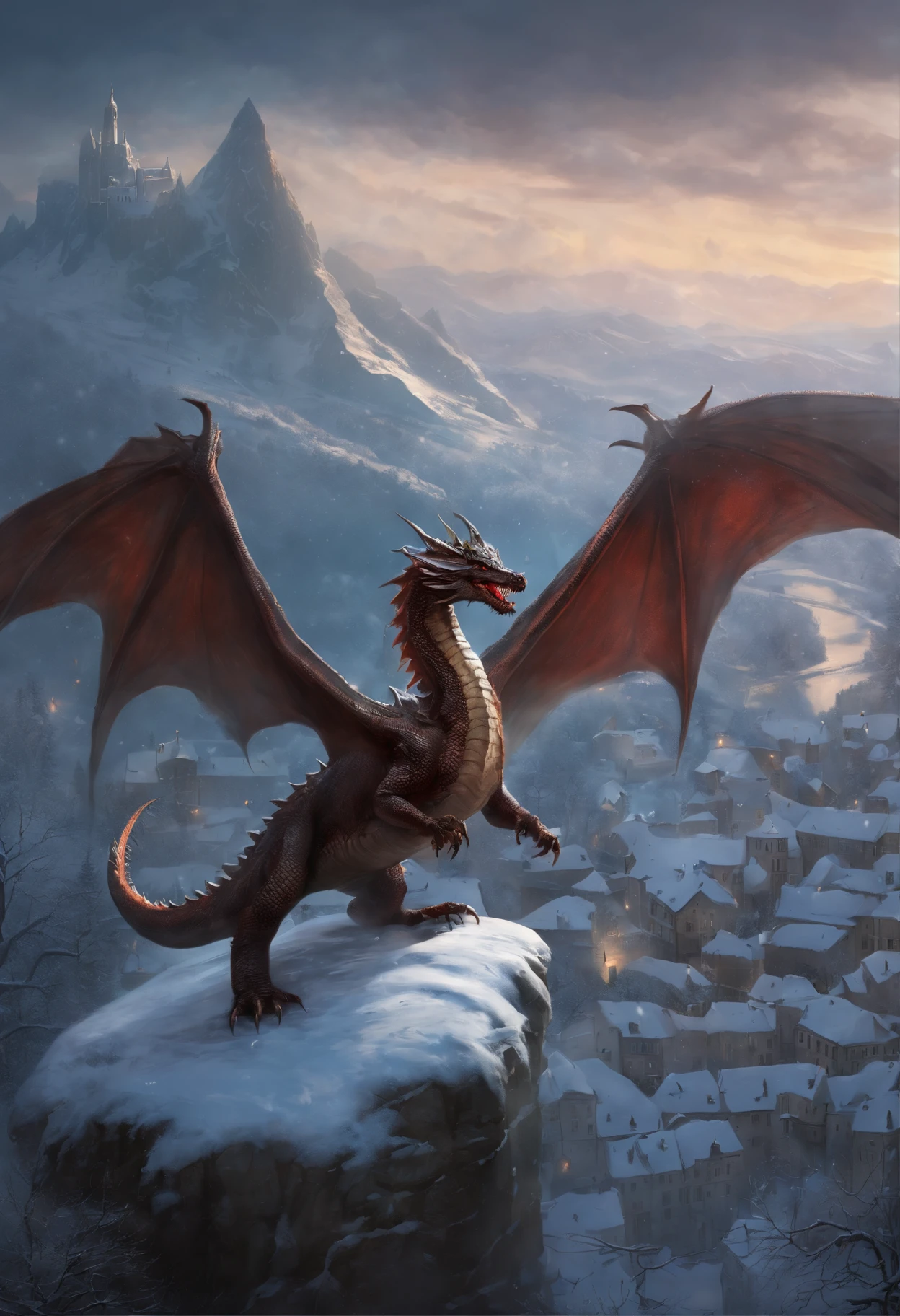 There is a dragon, who flies over the city in the snow, by Adam Marczyński, colossal dragon as background, dragon in the background, European Dragon, colossal dragon in background, Frost Dragon, Гиперреалистичный D & D Фэнтезийное искусство, dungeons and dragons fantasy art, Majestic Gothic dragon, realistic fantasy illustration, marc _ simonetti