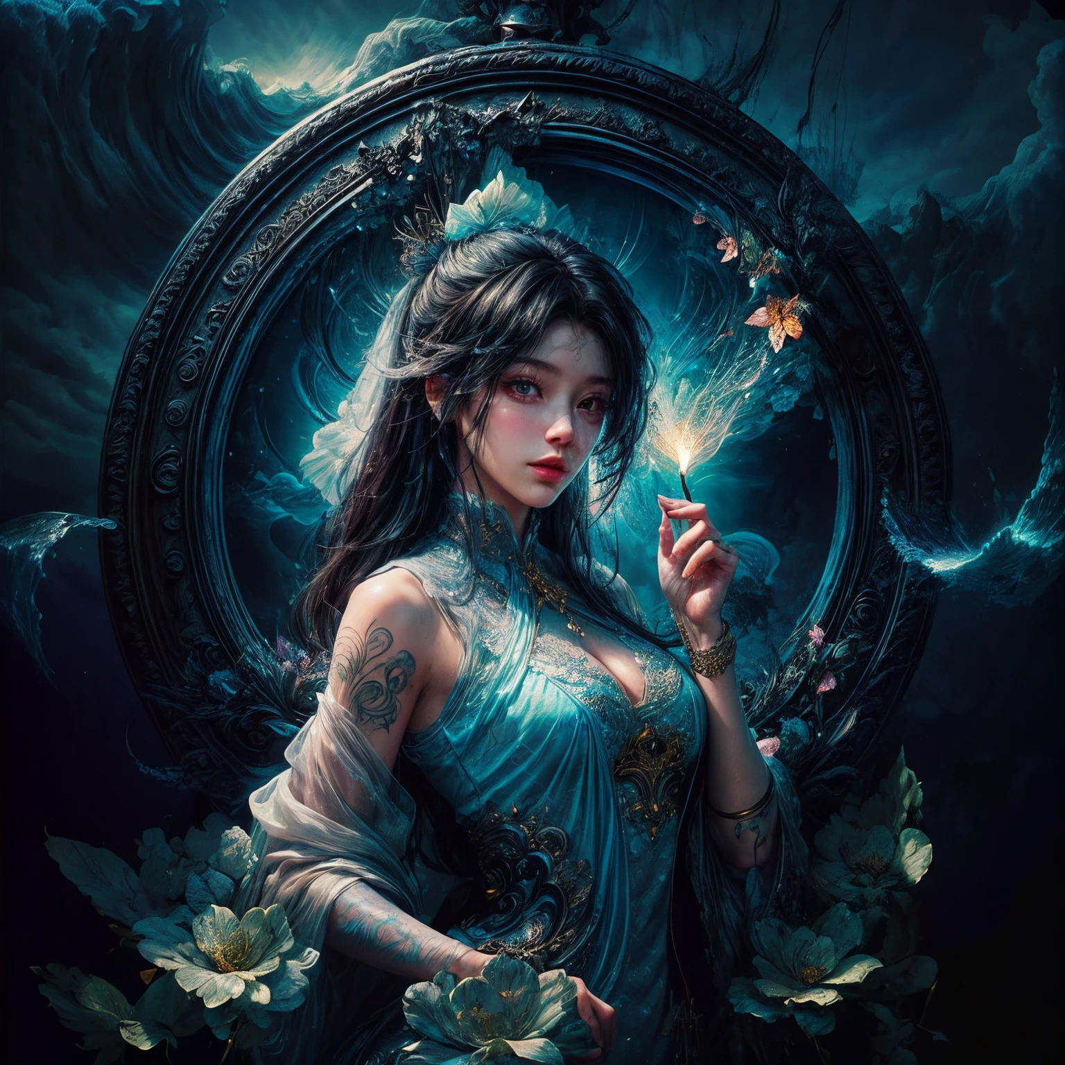 a woman holding a oil lamp, arcane jinx, caitlyn from league of legends, extremely detailed artgerm, samira from league of legends, kda, from league of legends, jinx from league of legends, style artgerm, league of legends character, artgerm detailed, league of legends concept art, ashe, (masterpiece), best quality, expressive eyes, perfect face, huge hourglass, antique hourglass, floating antique clock, beautiful girl inside the hourglass, beautiful Latin girl behind the clock glass, floating antique clock, lamp , lantern, dark night sky, cloudy sky, rain clouds with lightning, beautiful girl looking up, long black hair, Beautiful Hardcore Illustration home page illustration style, dark, high resolution, hard touch illustration, strong outline, 8k, Hiroyuki Nagasaka style, aggressive, beautiful face, fresh beauty, transparent white silk dress, beauty style, bright mist. Paint water splashes. Magic spell. Blue silver gray color gradient glowing vapor veil wave on black abstract art background with free space. Baroque elements, intricate oil paintings, bubbles and swirling fountains, full body, extremely detailed (Fractal Art: 1.3), colorful, more detailed, slight smile, open legs, view of pubic hair, 1 sexy girl in transparent clothing, small breasts exposed, transparent open t-shirt, tattoos of mandalas and flowers, best quality, black and brown hair fused in water, naked girl, beautiful visible pubic area, small breasts in sight, perfect hair, perfect full lips, delicate and perfect body, digital painting, intricately detailed eyes looking up, girl looking up, colorful, fine art, oil painting, finely drawn hands; magical garden, metallic roses, autumn leaves, metallic colors and enamel, meditation, girl in a state of meditation, rain, wlop style art, latin girl with oil tan skin, shiny brown skin,
