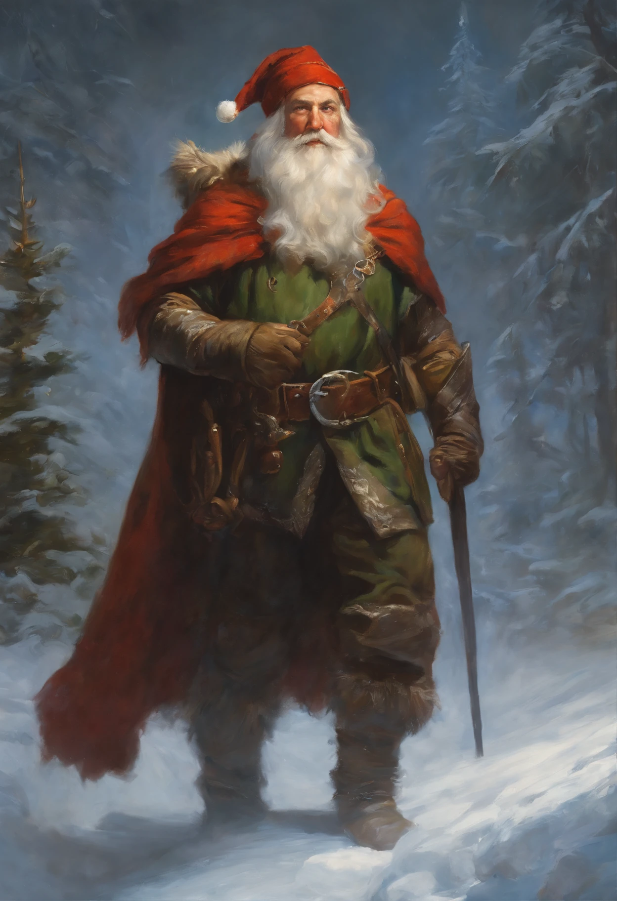 Painting of a man in a gnome costume with a dragon on his shoulder, Dave Dorman, Santa, a middle aged elf, Todd Lockwood, God of Winter, Icewind Dale, Johannes Helgeson, painted portrait of rugged odin, At eleven, gerald brom, Santa clause, kramskoi 4 k, inspired by Nikolay Makovsky