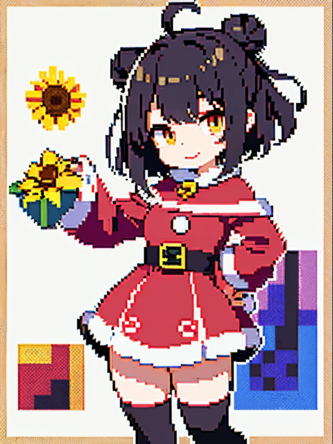((Best Quality)), (((masuter piece)))、solo、Perfect face,purple color hair、bobhair、shorthair,Two bun hairstyles、Ahoge、a smile、(Santa Claus Costume)、Oversized clothes、(((Black Knee High Socks)))、hoodie style costume、sunflower accessories、sunflower badge、Chibi Chara、(pixel art)、((Pixel art)),is standing