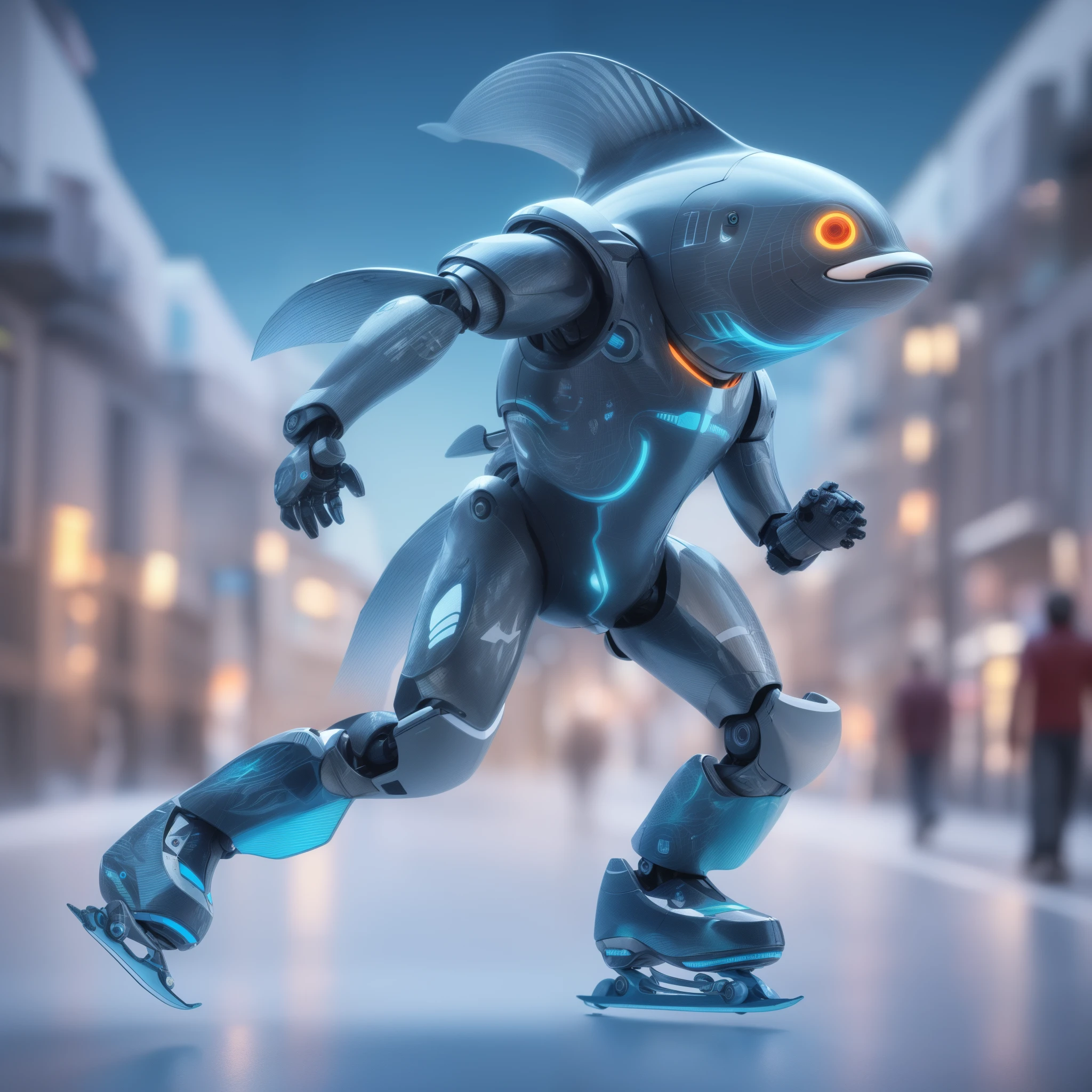 A robot fish skates down the street, Male robotic anthropic dolphin, Robotic anthro-dolphin, rolands zilvinskis 3d render art, highly detailed 4k digital art, 3d rendered character art 8 K, Male robotic killer whale, fantasy style 8 k octane render, Beautiful robot character design, 3d digital art 4k