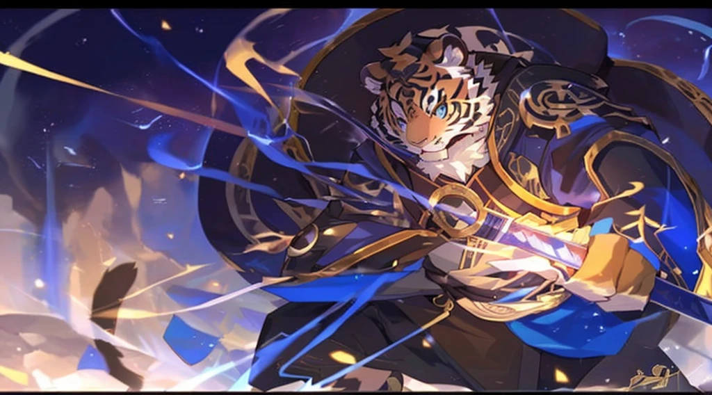 a picture of (((kosutora))) with a sword in his hand, keqing from genshin impact, full art, detailed key anime art, by Yang J, full res, splash art, high detailed official artwork, lowres, key anime art, trending on artstation pixiv, extended art, by Android Jones, demon slayer artstyle, genshin impact character, anthro tiger, furry tiger, (tiger),