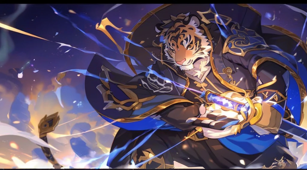 a picture of (((kosutora))) with a sword in his hand, keqing from genshin impact, full art, detailed key anime art, by Yang J, full res, splash art, high detailed official artwork, lowres, key anime art, trending on artstation pixiv, extended art, by Android Jones, demon slayer artstyle, genshin impact character, anthro tiger, furry tiger, (tiger),