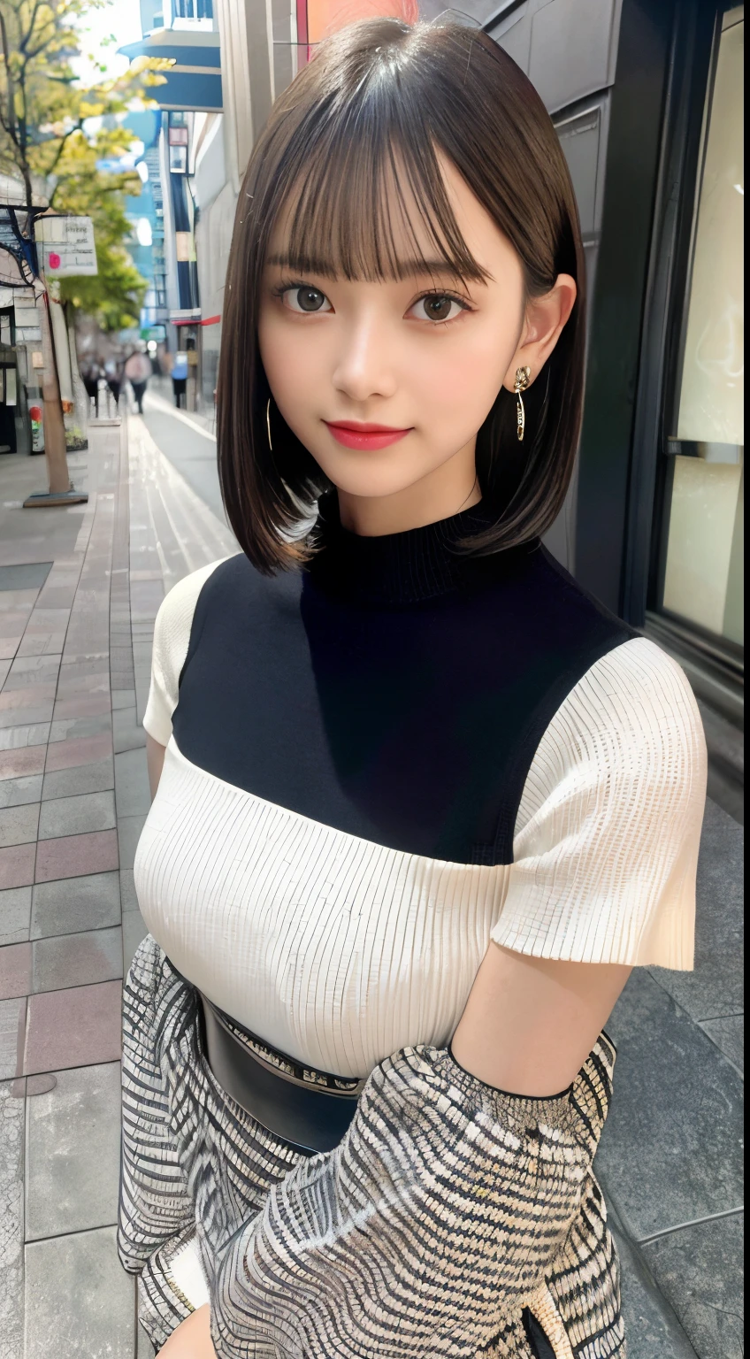 (8K, Raw photo, Best Quality, masutepiece:1.2), ultra-detailliert, 超A high resolution, (Realistic, photographrealistic:1.37), high-definition RAW color photography, professional photograpy, extremely delicate and beautiful, Extremely detailed, 8K Wallpaper, amazing, finely detail, Huge file size, Official art, Highly detailed CG Unity 8K wallpaper, highly detailed beautiful girl, extra detailed face, extremely detailed eye, very long legs, highlydetailed skin, extremely detailed fingers, highly detailed nose, highly detail mouth, Perfect Anatomy, Highly detailed background, highly intricate background, Very detailed clothes, 1girl in, (18 years old:1.2), Teenage, Cute Girl, famous Japan idol, kawaii, Realistic body, Fair skin, Shiny skin, Slender body, Good figure, Black hair, short bob cut hair, (Blunt bangs:1.2), Smile, Cute, 年轻, Cute face, Pretty Face, Realistic face, a small face, beautifully detailed eyes, drooping eyes, Beautiful big eyes, large black eyes, Beautiful and transparent airill blouse:1.2), Short sleeve, Skirt, Belt bag, Necklace, earrings, Looking at Viewer, (Cowboy Shot:1.2), Front view, Standing posture, facing, Outdoors, (Daytime:1.2), Cityscape, Depth, tokyo prefecture, Street, Professional Lighting, Front view staring at viewer, huge tit, beauty legs, Black High Heels, Shy smile, Smile, smug with a charming smile, Street Snap cover, Full body photo, Fashion model random pose