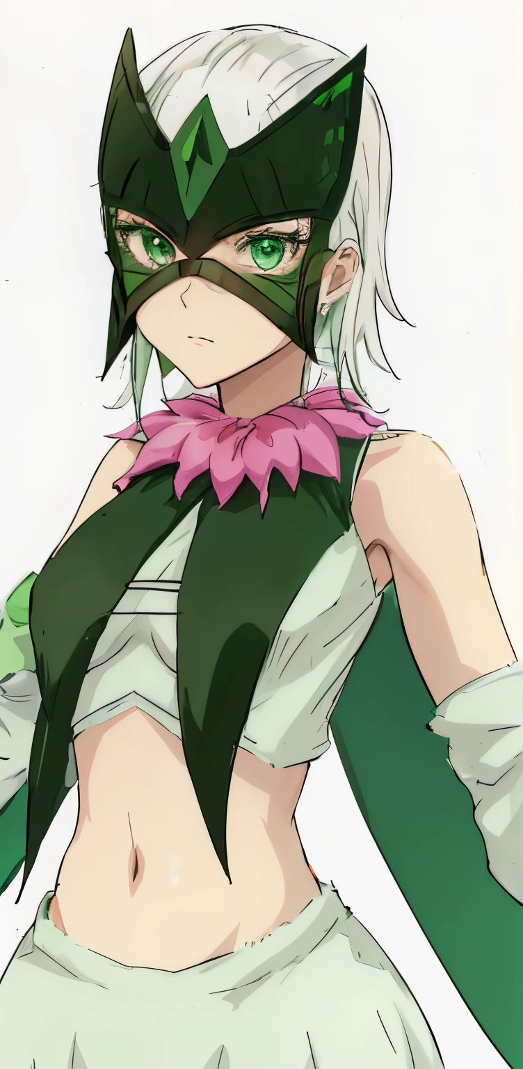anime girl with white hair and green eyes wearing a green and pink mask, rogue anime girl, girl wearing an flower suit, portrait of a female anime hero, anime character, female anime character, jrpg character,