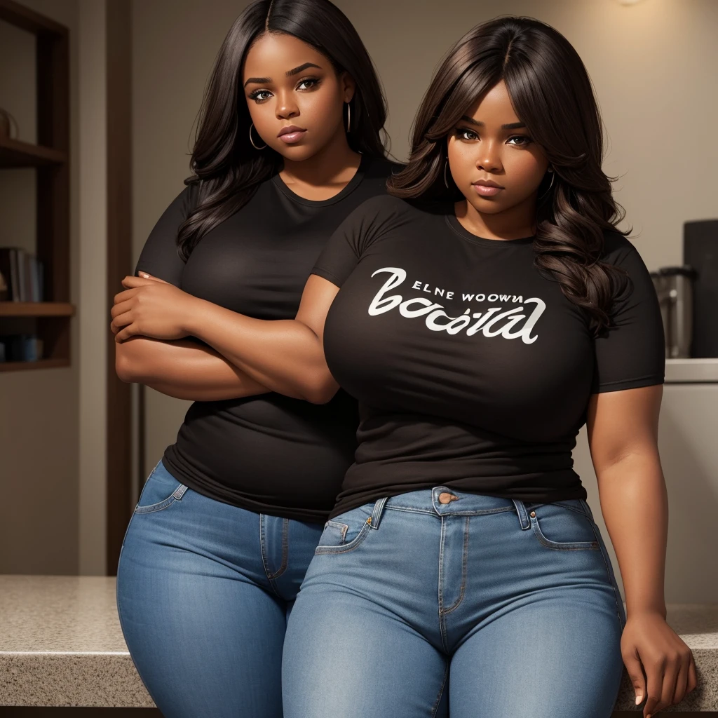 handsome and beautiful chubby black women sad look with natural brown hair half body shot wearing a black t-shirt and jeans