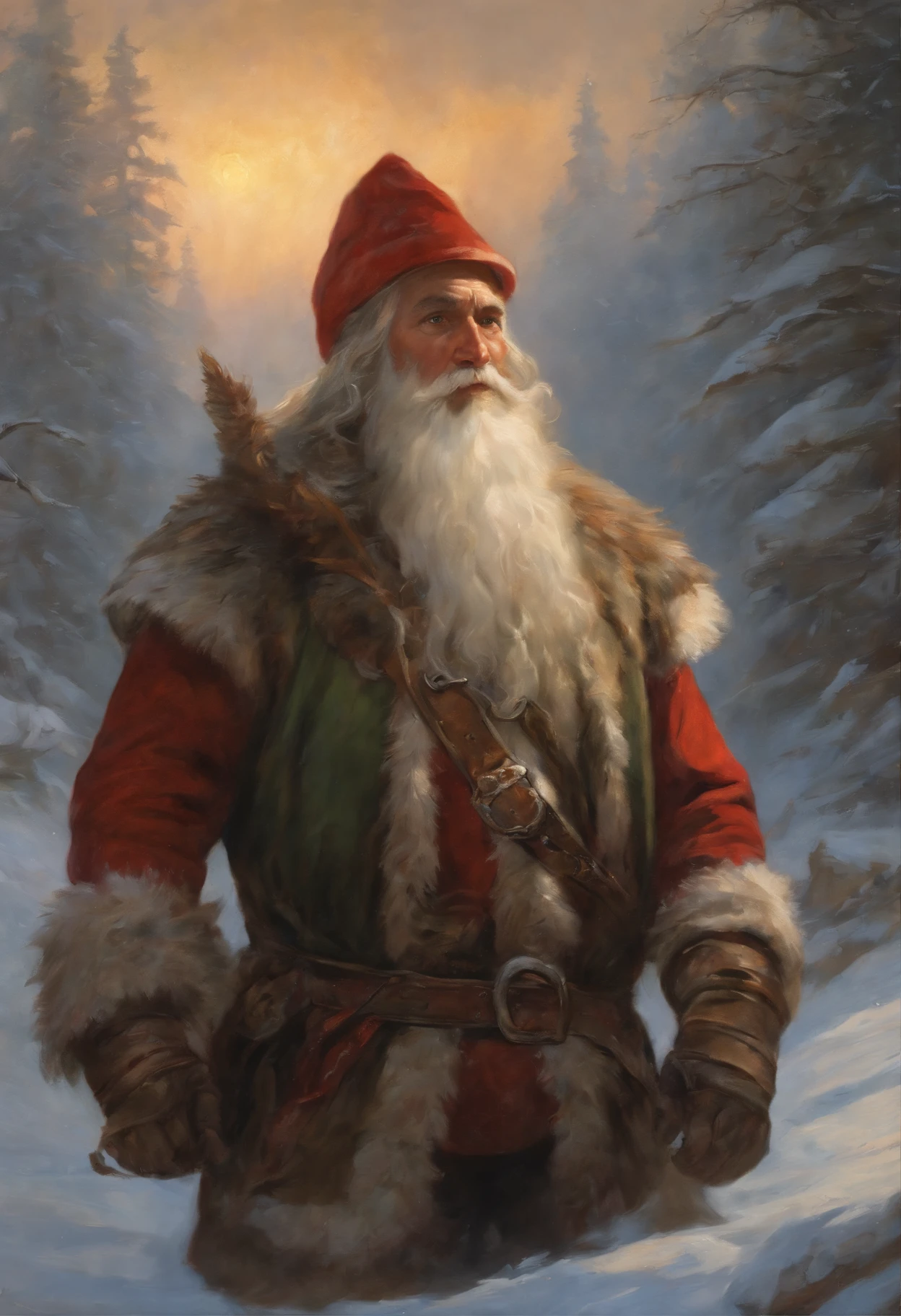 Painting of a man in a gnome costume with a dragon on his shoulder, Dave Dorman, Santa, a middle aged elf, Todd Lockwood, God of Winter, Icewind Dale, Johannes Helgeson, painted portrait of rugged odin, At eleven, gerald brom, Santa clause, kramskoi 4 k, inspired by Nikolay Makovsky