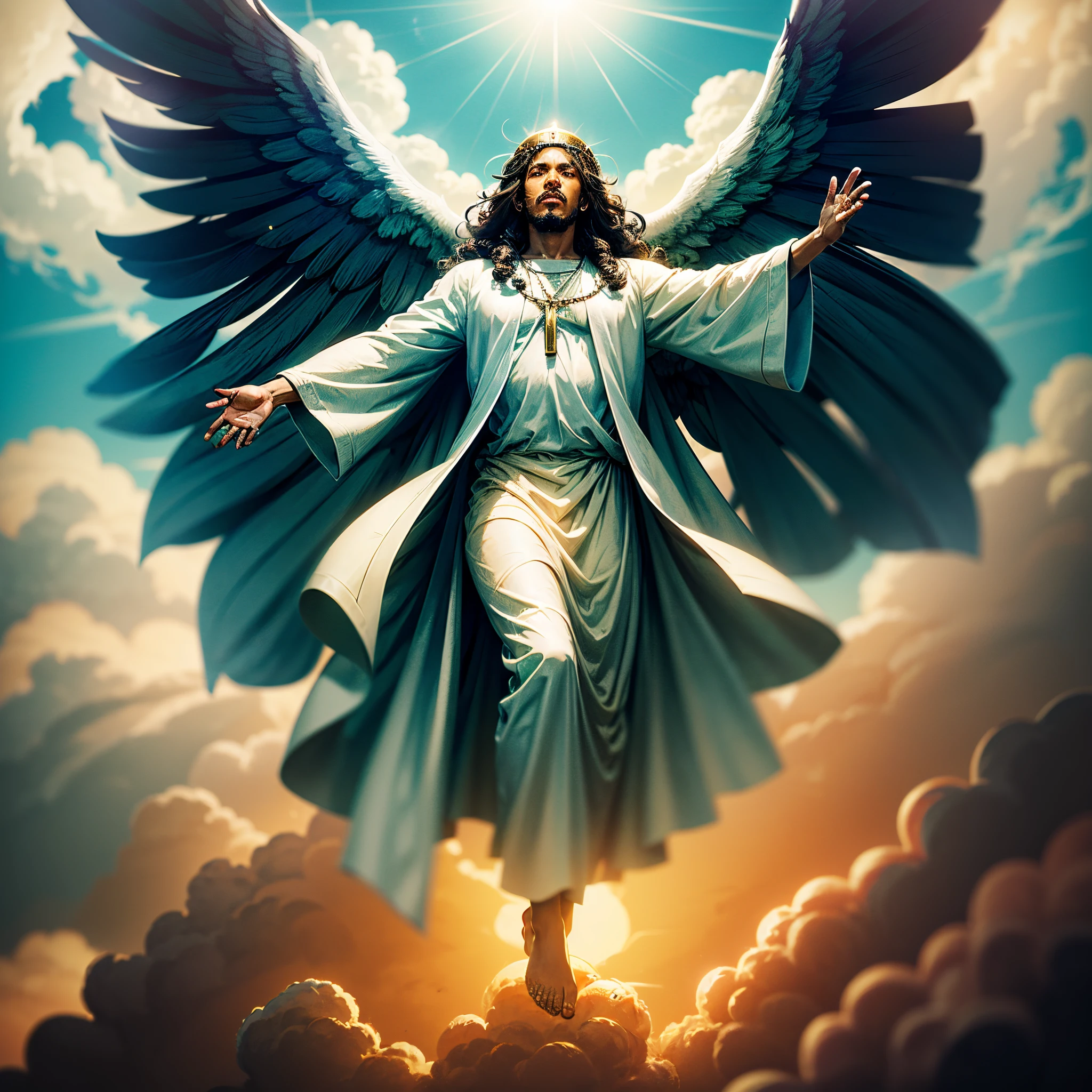 Black Jesus floating in the air on top of clouds with a light shining brightly on his face, dark skin