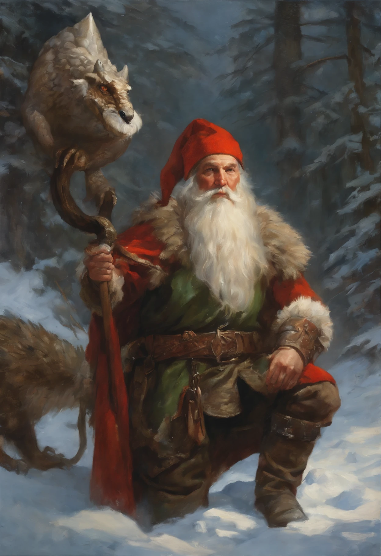 Painting of a man in a gnome costume with a dragon on his shoulder, Dave Dorman, Santa, a middle aged elf, Todd Lockwood, God of Winter, Icewind Dale, Johannes Helgeson, painted portrait of rugged odin, At eleven, gerald brom, Santa clause, kramskoi 4 k, inspired by Nikolay Makovsky