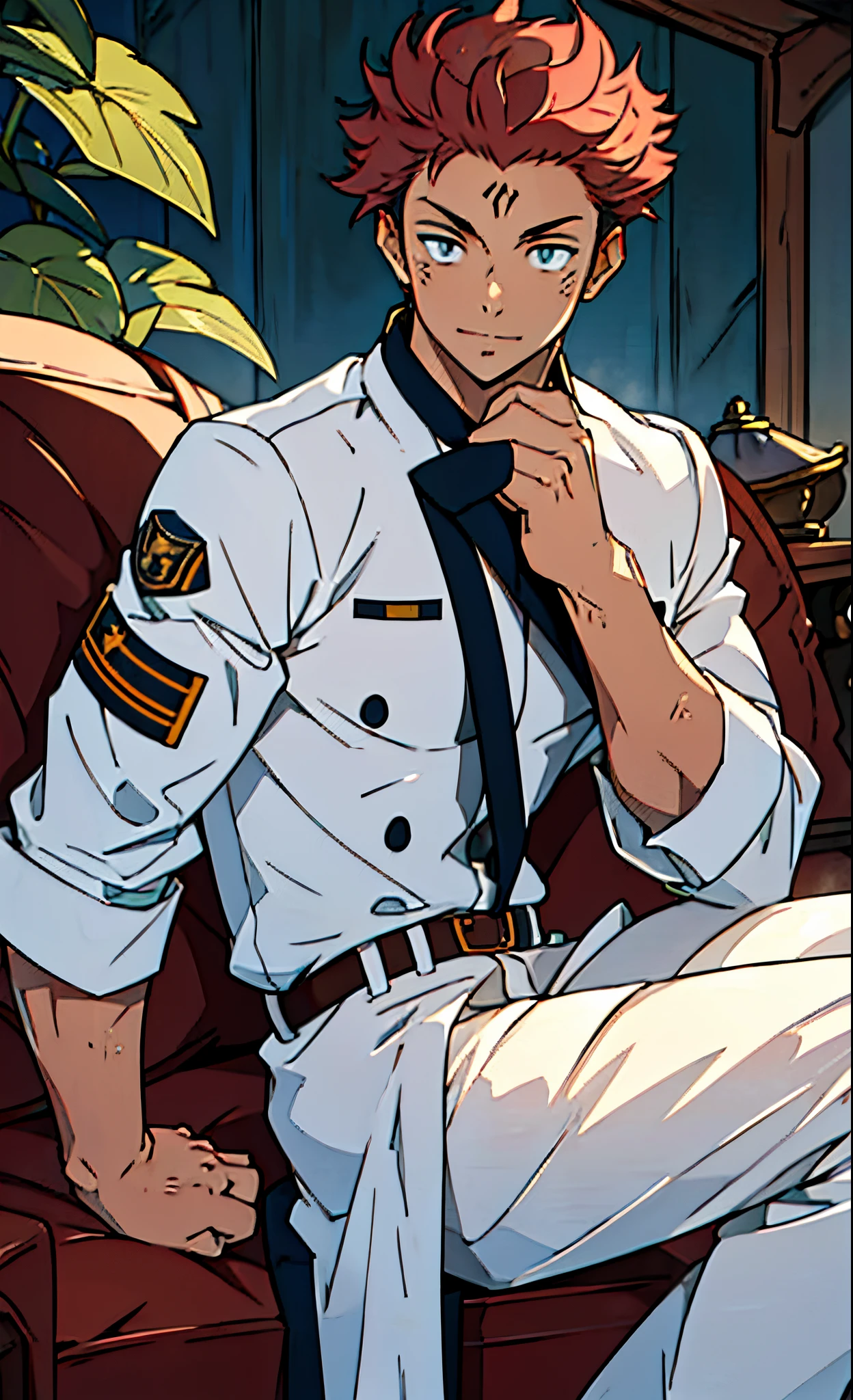 Masterpiece, best quality, 1 boy, Gojo_Satoru, jujutsu-kaisen, sitting in a chair with his legs open, without a shirt and with tight pants showing his bulge