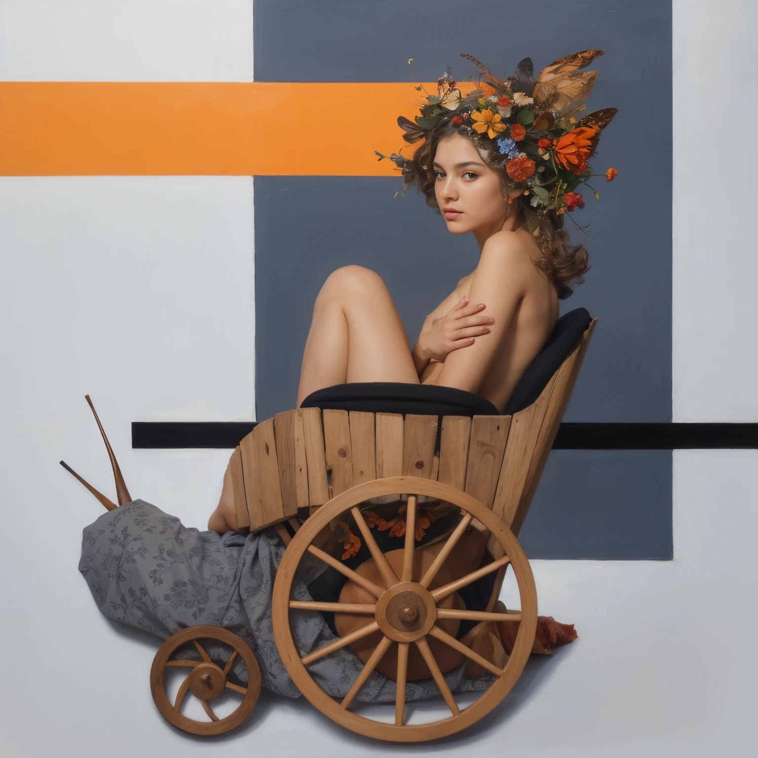 pintura de una mujer sentada en un carruaje con un caracol y flores en el pelo, Arte figurativo altamente conceptual, adrian borda, Alexey Egorov, Inspirado por Andrey Ryabovichev, valentina revolver, inspired by Ivan Generalić, Maxim Sukharev, por Fyodor Rokotov, por Galen Dara