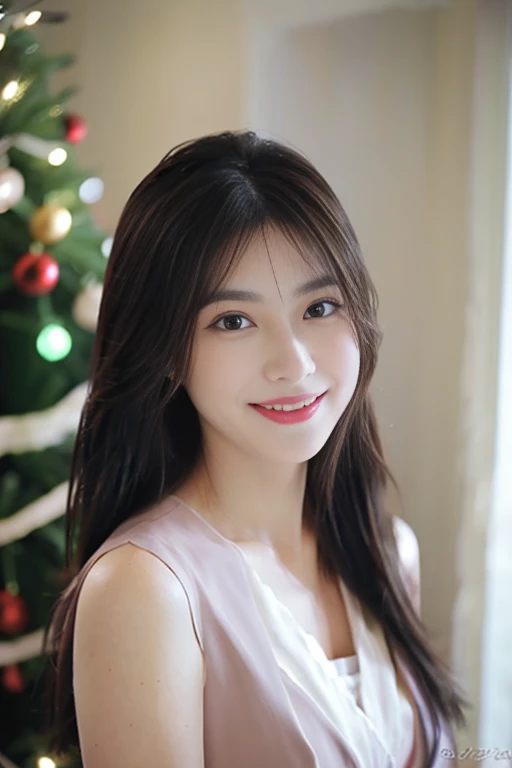 Beautiful woman with good eyes and nose、Beautiful as a model、Cute like a model、Eyes are double、How to use regular mascara、Eye color blue、Hair color pink、Her face is delicate and elegant.、imagem 4k、Beautiful style like a model、Ordinary large、A refreshing and lovely smile、Young woman wearing a Santa costume while decorating a Christmas tree with lights in a bright room on Christmas day.、Pose like a model、Overall portrait、Snapshots、Glamaloid Smile、Beautiful and delicate face like a model、Best Quality、masuter piece、santa''s costume is very cute、Cute smile、