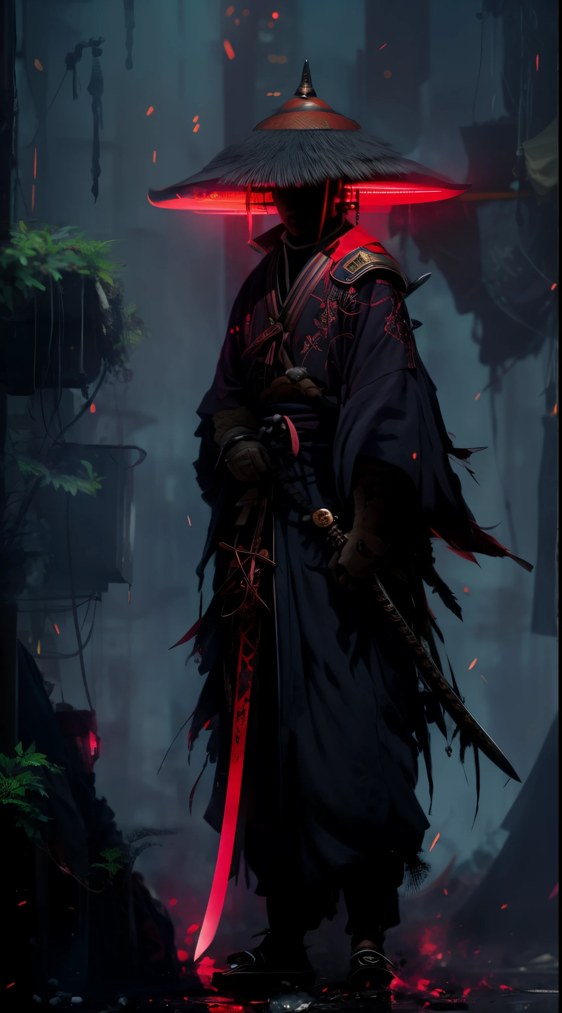 a close up of a person with a sword in a forest, cyberpunk samurai, neon samurai, very beautiful cyberpunk samurai, demon samurai, portrait of a cyberpunk samurai, benedick bana, inspired by Kanō Hōgai, inspired by Kanō Sanraku, demon samurai warrior, dark concept art, badass anime 8 k, samurai jedi