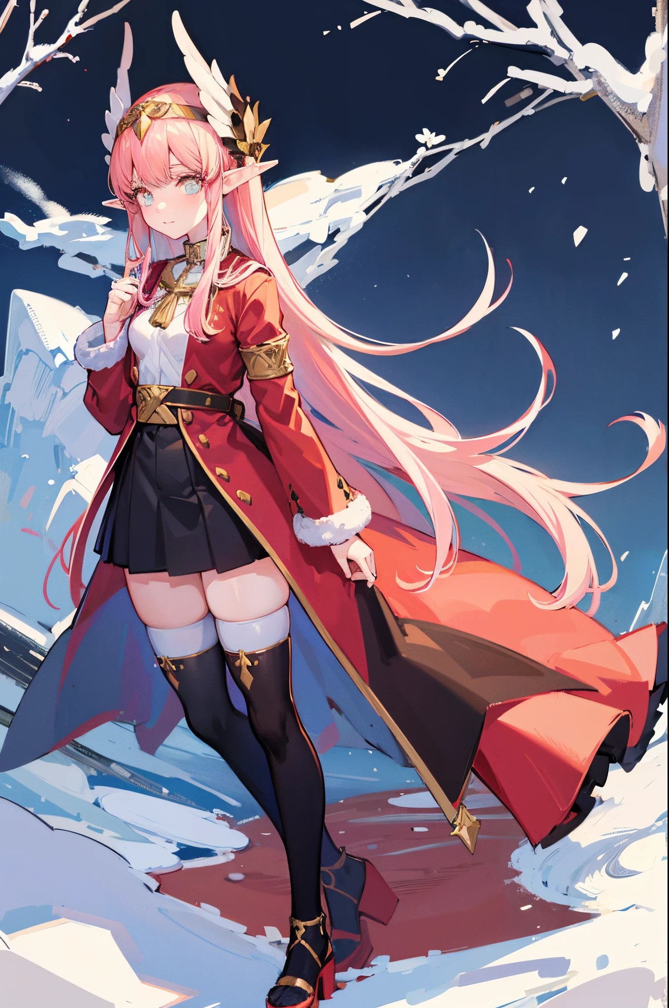 anime girl in santa claus outfit with gifts in snow covered area, Menina elfa, cabelo rosa, mechas amarelas, Menina elfa, an elf, Elfpunk, menina elfo pequeno, duendes, Elf Machine, Noite de Natal, night core, Menina elfa vestindo um terno da flor, Pixiv, v do diabo pode chorar como um elfo, por Kanbun Master, arte oficial, Loli, chan sakimi