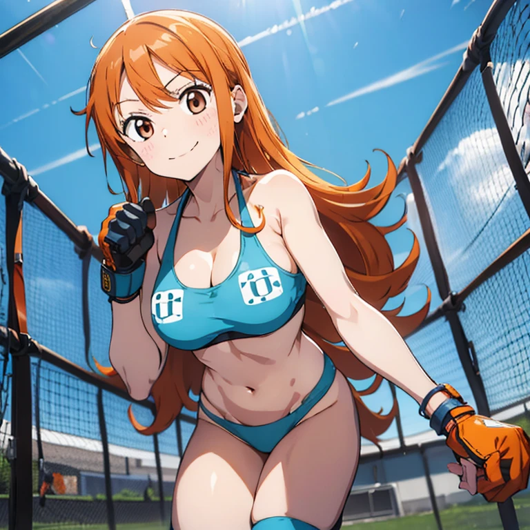 A cute tall girl with long orange hair, Brown eyes, a funny smirk, she's wearing a light blue bikini, MMA gloves, anklets and knee pads, in a fighting cage, full body pic