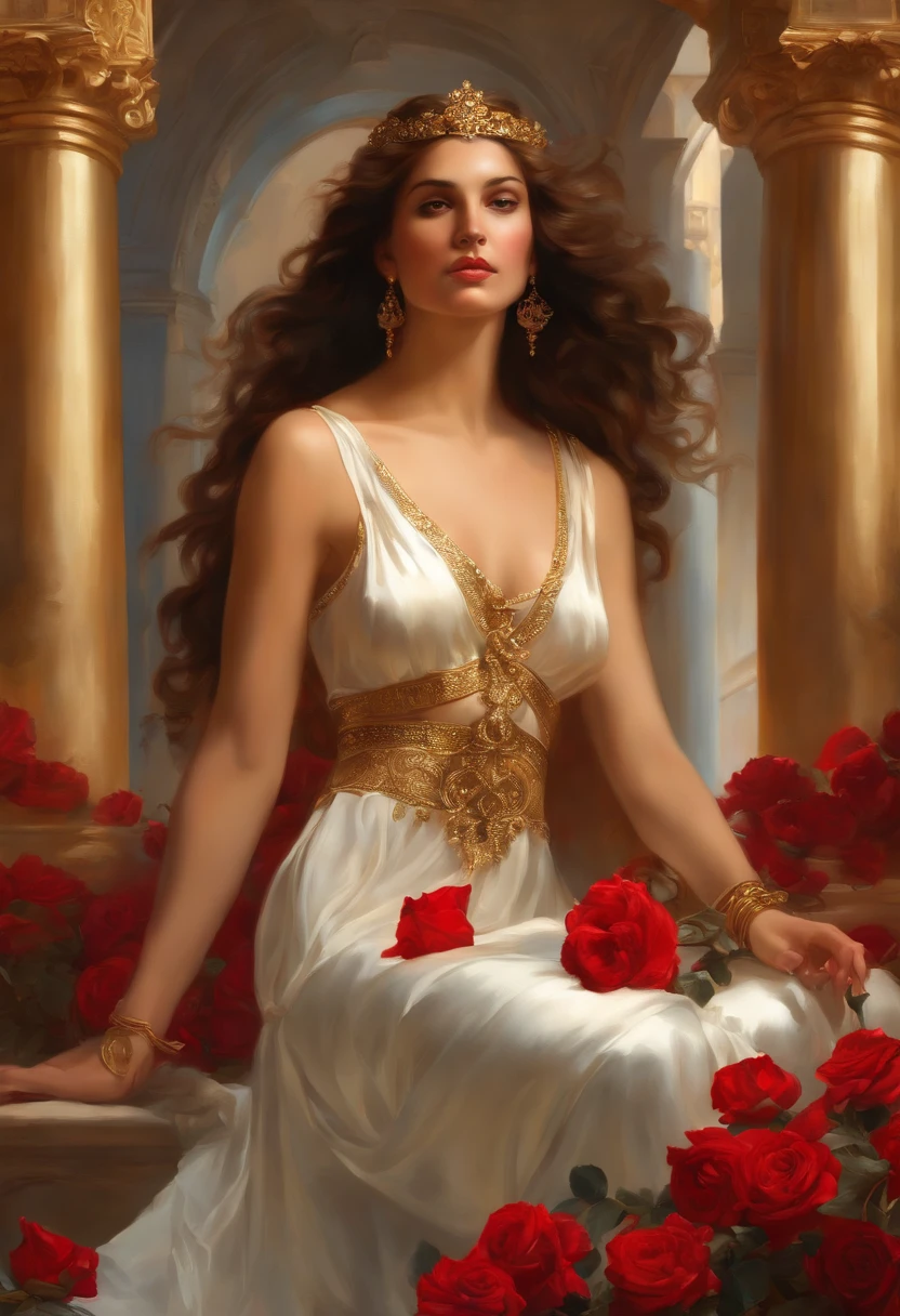 Painting of a woman, ((18 years old)), of extreme beauty and seduction,((goddess of seduction)) ((angel of death)), long hair, ancient Greek costume, transparent dress,((Greek columns in the background ) ), ((floor covered in red roses)), posture of power, (( with diamond and ruby amulet necklace around her neck)), ((bracelets on arms and wrists)), dressed richly, ((sexy and sensual woman ) ), ((goddess of seduction of extreme beauty)), baroque style painting, rococo, 32k Ultra, Ultra HD, Bowater art style, baroque digital painting, Renaissance digital painting, masterpiece! inspired by Franz Xaver Winterhalter, inspired by Friedrich von Amerling, beautiful character painting, beautiful digital painting, inspired by Thomas Lawrence, beautiful yywater painting, refraction, reflections, mirrors, prisms, sunlight, bright lights!! Complex, elegant, highly detailed digital painting, art station, concept art, sharp and soft focus, illustration, art by ( ( ( ( Artgerm ) ) ) ) and ( Greg Rutkowski )! and (((Alphonse Mucha))), eye