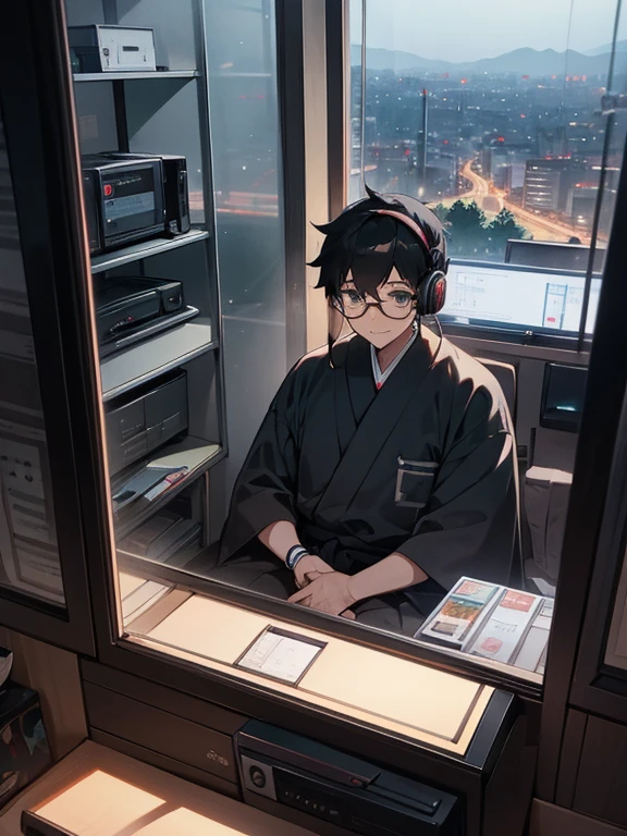 male people,Black-rimmed glasses,A dark-haired,japanes,Wearing a shirt,Use headphones,inside in room,natta,In front of a computer,pile of CDs,You can see the night view from the window,Coffee Cup,gaming console,countryside,a smile,Fat