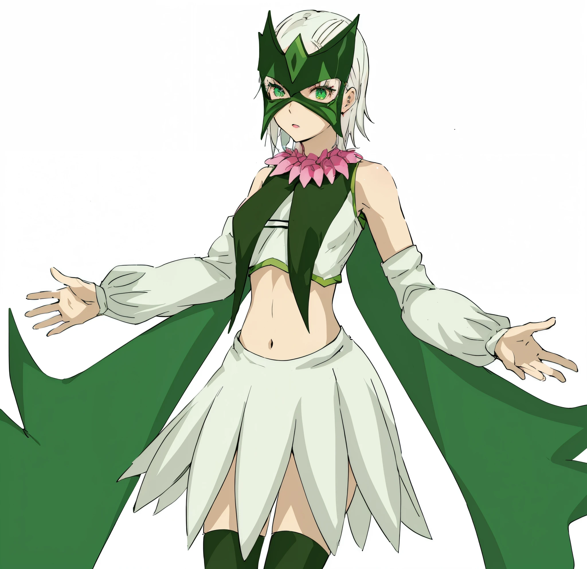 anime girl with white hair and green eyes wearing a green and pink mask, rogue anime girl, girl wearing an flower suit, portrait of a female anime hero, anime character, female anime character, jrpg character,