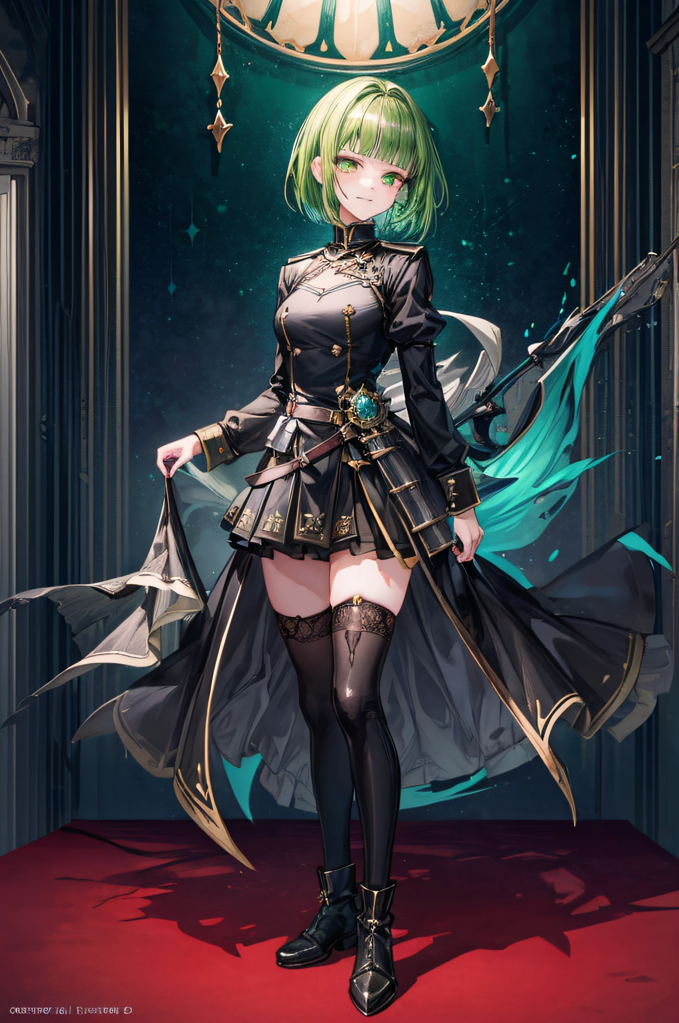 [(with a cathedral background:1.4)::5],Original,(Illustration:1.1),(Best Quality),(masutepiece:1.1),(the Extremely Detailed CG Unity 8K Wallpapers:1.1), (Colorful:0.9),(mid-shot:0.95),(Highly detailed beautiful whole body),Dynamic Angle,(Solo:1.2), (girl),(((Adult))), (Detailed beautiful eyes:1.15), (Beautiful face:1.15), (Glowing green eyes:1.25////),(Jewelry Eyes),(Green short hair),(Blunt bangs),((The girl was wearing a black knight uniform.)),Realistic,Petite, girl,Green hair, Delicate facerain,Black long boots, Black mini skirt,black thighhighs(Furious),(Contempt and contempt),Furious,(Beautiful Slender Girl),((Adult)),((Furious)),((Full body)),Battle Maiden Ornaments,Furious,Evil smile,Furious,