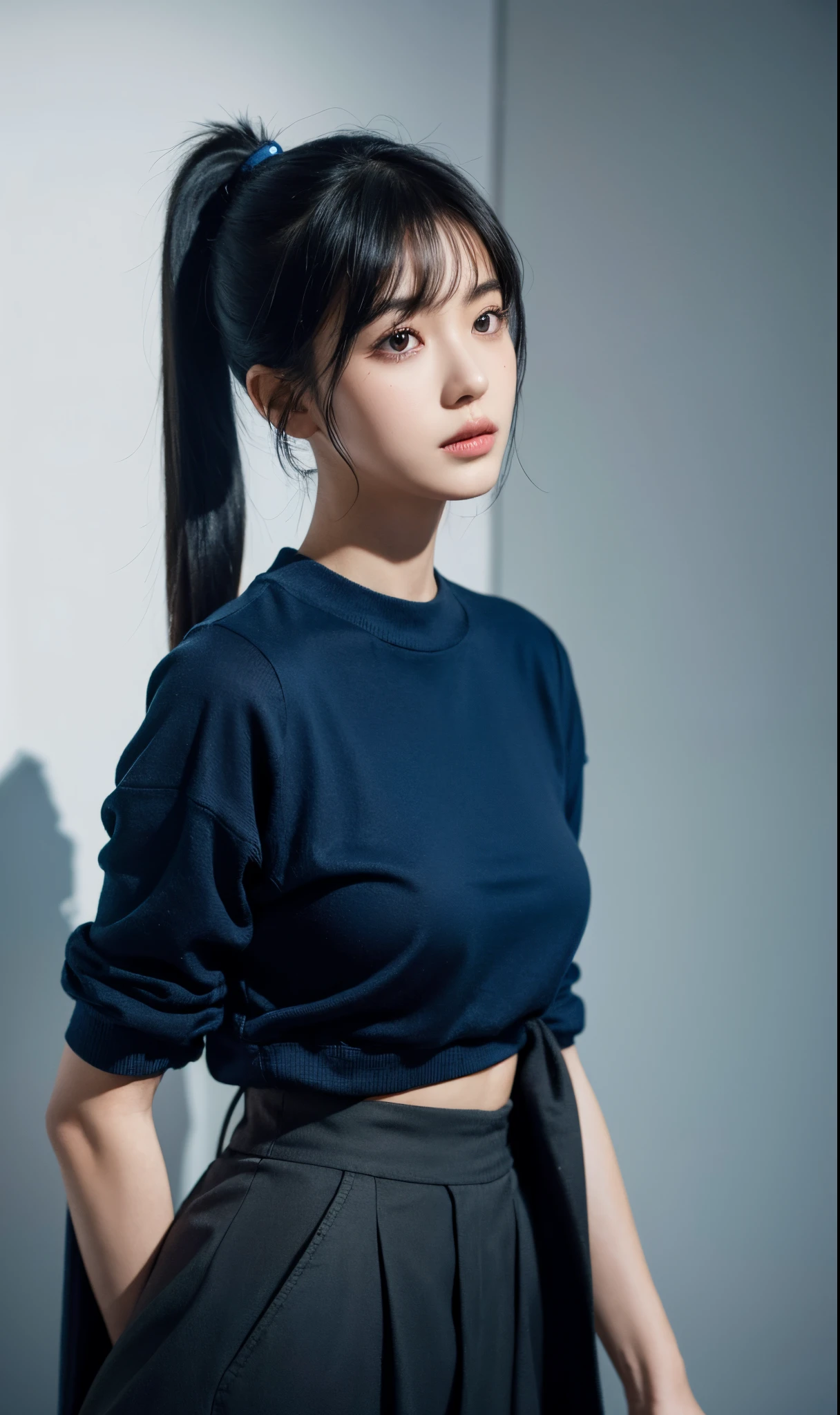 1girl, medium breast, black hair,bang, ponytail,blue clothes, high quality, ultra detailed, masterpiece, realistic