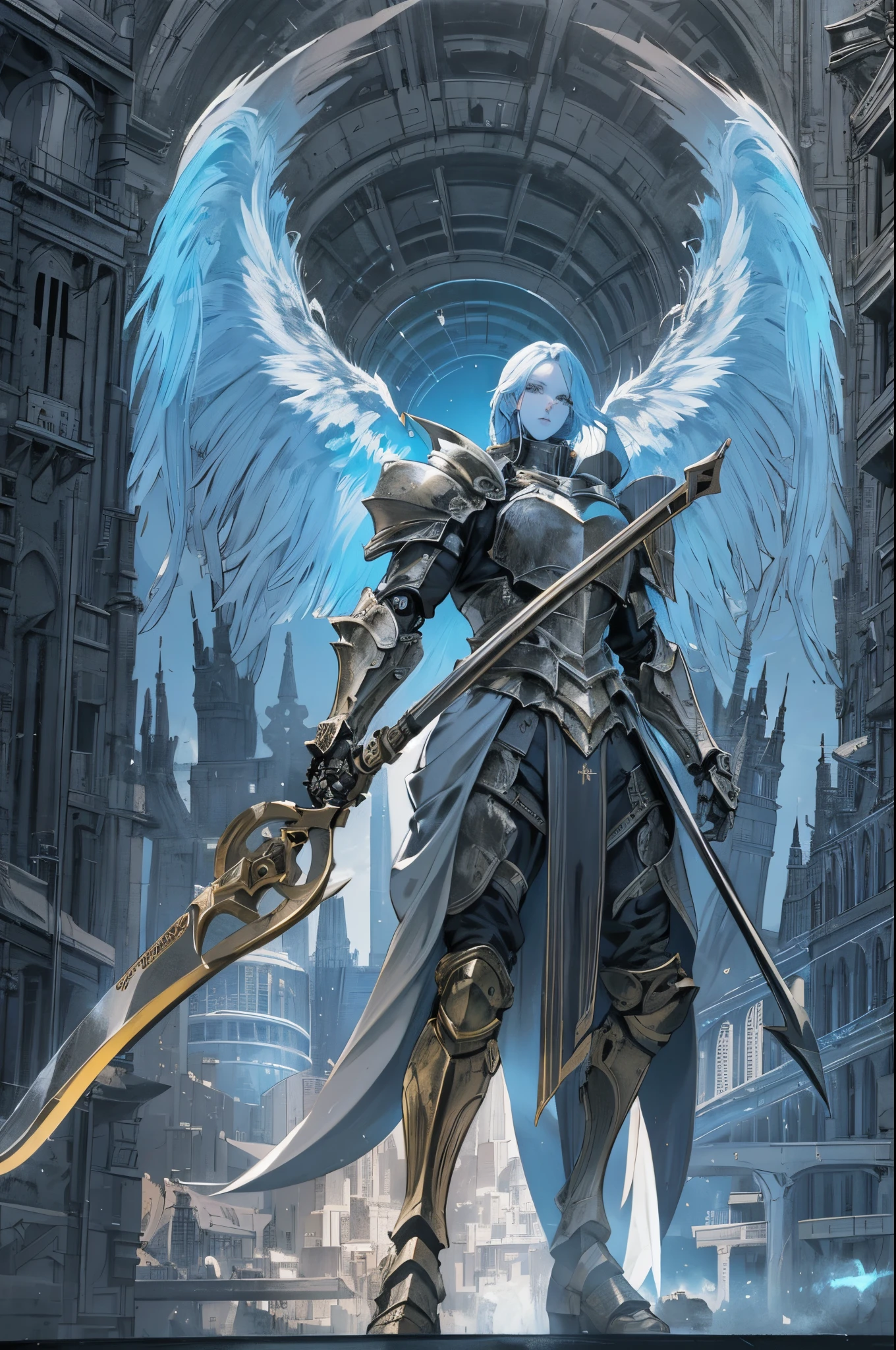 (best quality,highres),angel with a giant golden scythe,black-armored, with detailed eyes,holding the scythe high in a 45-degree angle,mechanical prostheses,monochrome exposure,dramatic lighting,cityscape in light blue holographic projection,sci-fi style.