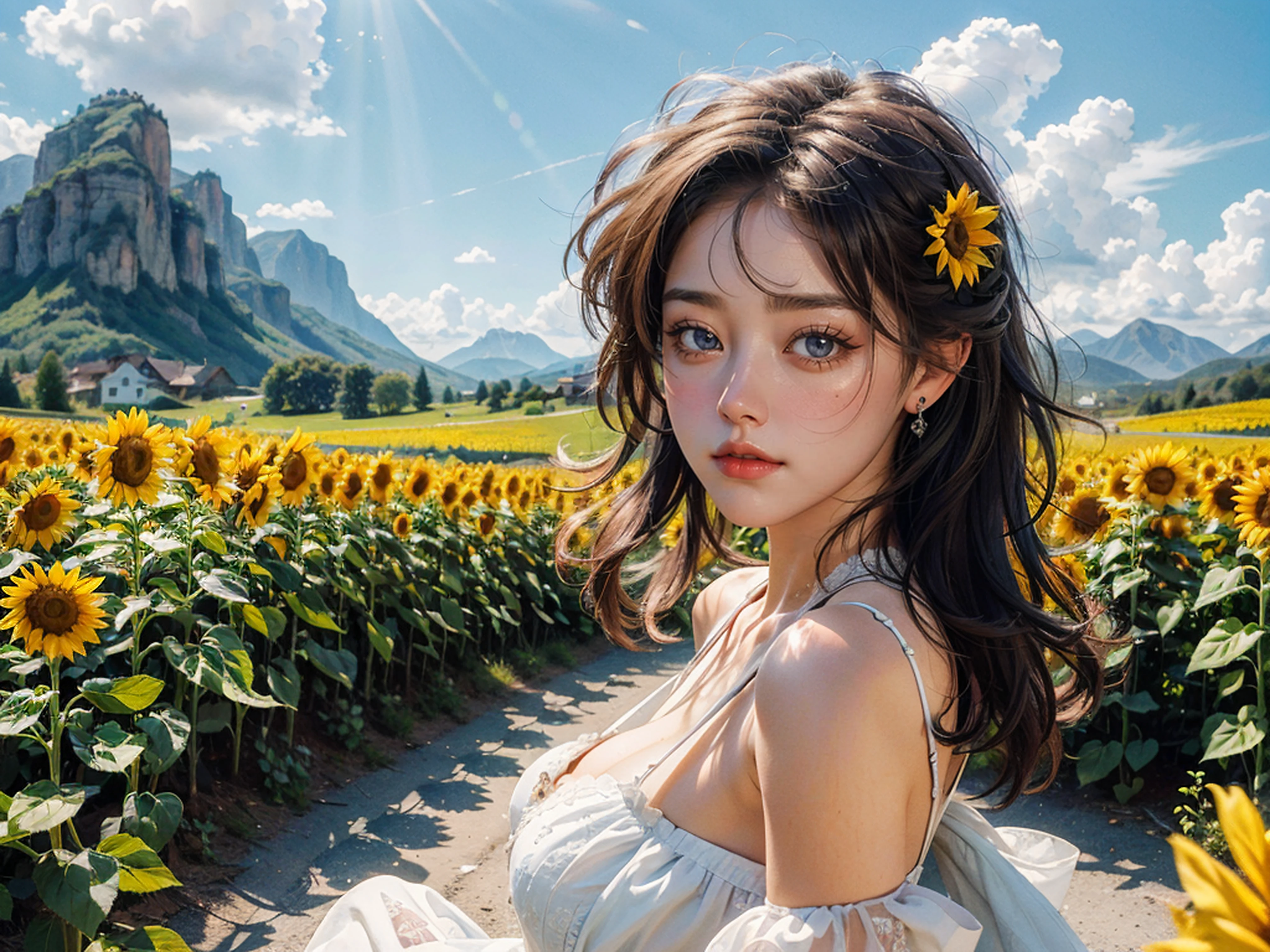 top-quality、masterpiece、超A high resolution、(Photorealsitic:1.4)、Raw foto、(Authentic skin texture:1.3)、(film grains:1.3)、the panorama、Character Portrait、Very Wide Shot、narrow waists、bokeh effects、A smile、1girl in、beautiful detailed eyes and face、off shoulders、Brown-eyed、Sunset sky、Red fiery sky、The background is a sunflower field、Sunflower earrings、Sunflower dress、Eyes are on the viewer、Looking at the camera、Shy laughter、A smile、Kiss Face、Angle from above the knee、Breasts are small and B size、A slender、Cleavage is visible。Paws are thin and beautiful,the skin is white and transparent
