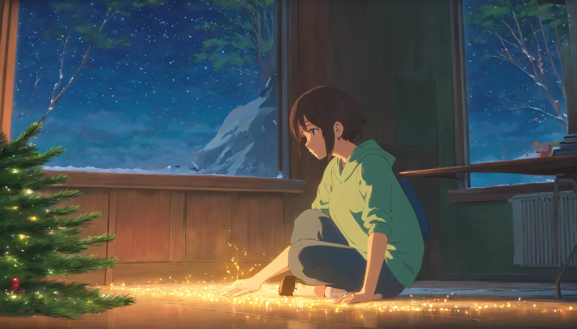 (Best Quality, Movie Poster Style) Crouching in front of an unlit tree in a quiet room, Girl having a quiet Christmas