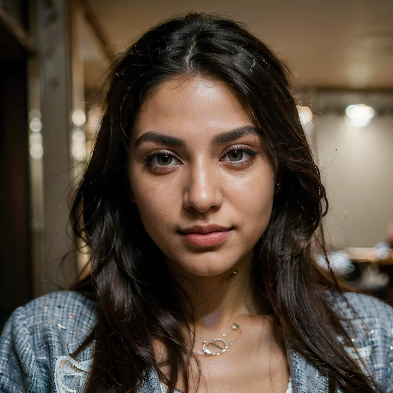 (Best quality, Ultra-detailed, Masterpiece:1.5), Photorealistic photograph of a beautiful pakistani woman at a club. The woman should have a flawless, highly detailed face (Highly Detailed Skin) with soft, luminous skin. Her long hair should be naturally brown and stylishly arranged. (Perfect Eyes:1.2). The photography should feature high-quality film grain (ISO 400, 30mm lens RAW f1.8 aperture. cheerful expression, closed mouth, beautiful lips, high budget, professional, detailed skin texture, (blush: 0.5), (goosebumps: 0.5), beautiful full body, wearing stylish and modest clothes