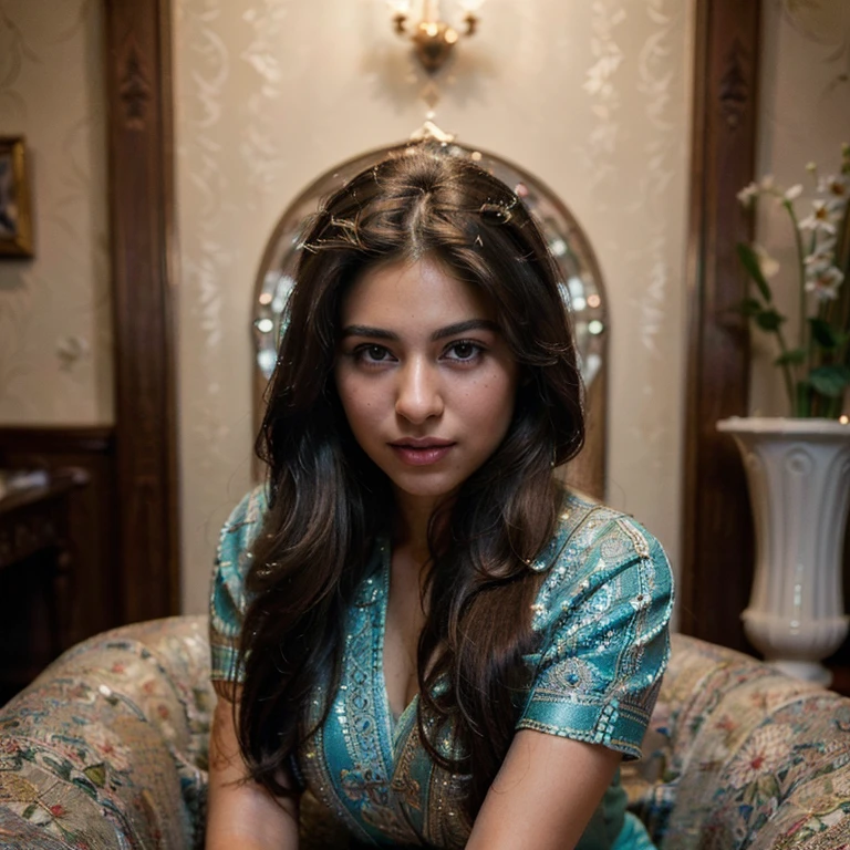(Best quality, Ultra-detailed, Masterpiece:1.5), Photorealistic photograph of a beautiful pakistani woman at a club. The woman should have a flawless, highly detailed face (Highly Detailed Skin) with soft, luminous skin. Her long hair should be naturally brown and stylishly arranged. (Perfect Eyes:1.2). The photography should feature high-quality film grain (ISO 400, 30mm lens RAW f1.8 aperture. cheerful expression, closed mouth, beautiful lips, high budget, professional, detailed skin texture, (blush: 0.5), (goosebumps: 0.5), beautiful full body, wearing stylish and modest clothes