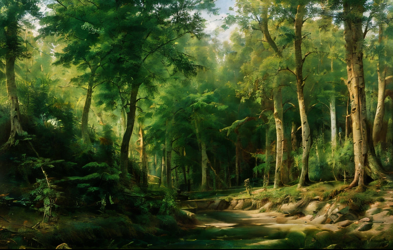 forest, sunlight, creek, water, pebbles, SHISHKIN, bush, grass, best quality, ultra_detailed, landscape, oil painting, scenery