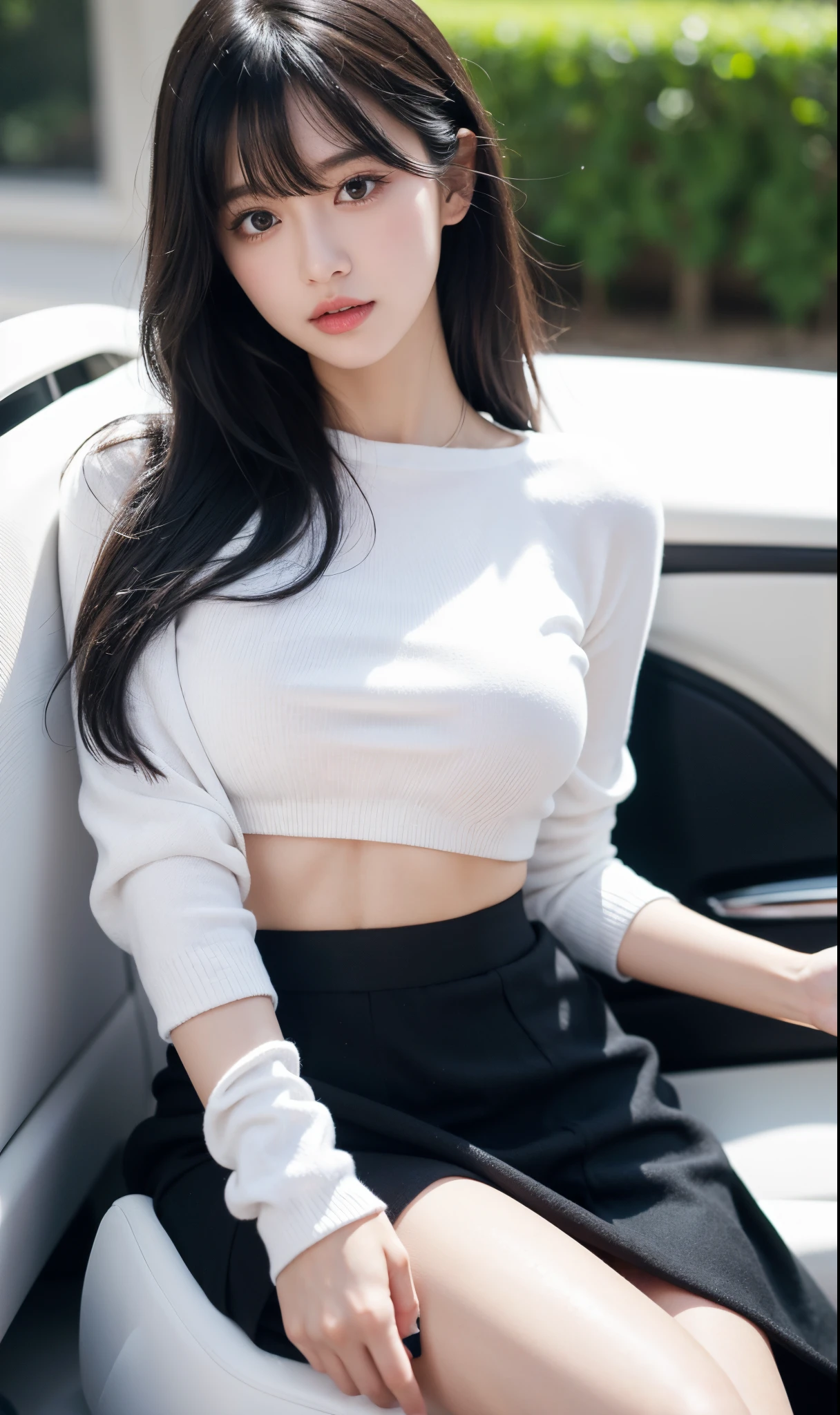 1girl, medium breast, black hair,bang, white clothes, black skirt,in car, high quality, ultra detailed, masterpiece, realistic