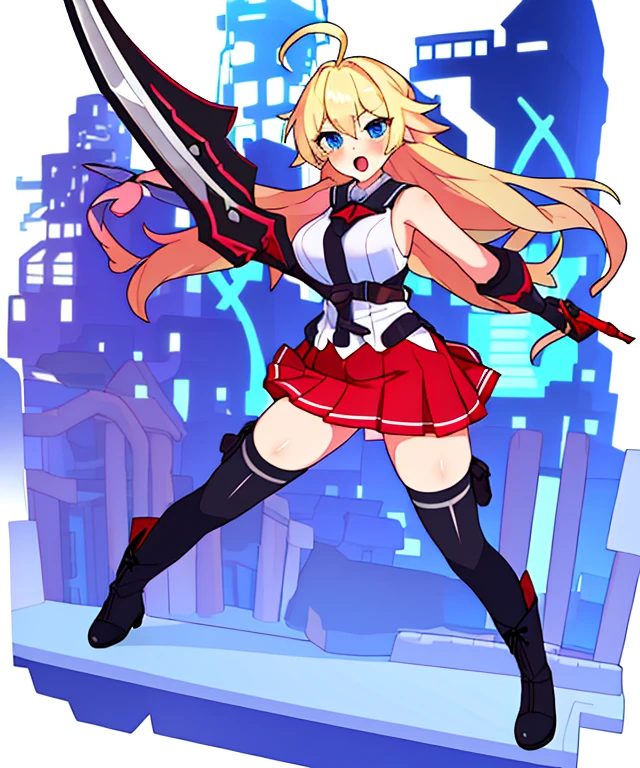 colorful , masterpiece, best quality, 1girl, weapon, long hair, breasts, solo, thighhighs, skirt, sword, shirt, full body, sleeveless shirt, bangs, blue eyes, black thighhighs, white footwear, open mouth, ahoge, holding, shiny, frills, shiny hair, sleeveless, transparent background, blush, medium breasts, zettai ryouiki, boots, blonde hair, sidelocks, pleated skirt, orange ribbon, holding weapon, v-shaped eyebrows, miniskirt, arrow (projectile), white shirt