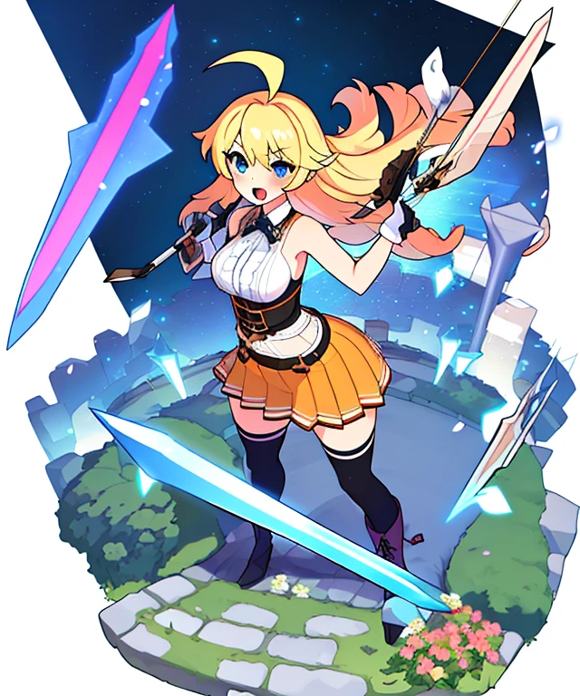 4k, best noise removal, colorful , masterpiece, best quality, 1girl, weapon, long hair, perfect breasts, solo, thighhighs, micro skirt, sword, shirt, full body, sleeveless shirt, bangs, blue eyes, black thighhighs, white footwear, open mouth, ahoge, holding, shiny, frills, shiny hair, sleeveless, transparent background, blush, medium breasts, zettai ryouiki, boots, blonde hair, sidelocks, pleated skirt, orange ribbon, holding weapon, v-shaped eyebrows, miniskirt, arrow (projectile), white shirt, wide hips