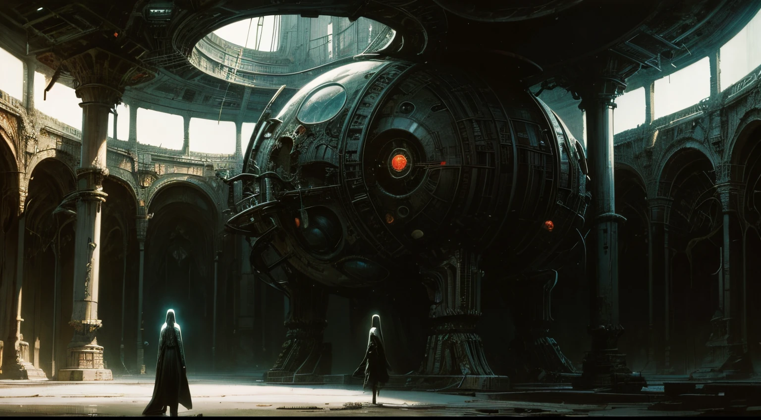 Close the view (sks woman:1) Walking inside an abandoned spaceship, Sci-fi horror, Complicated details, hight contrast, (Beksinski's artwork, H. r. Giger),
