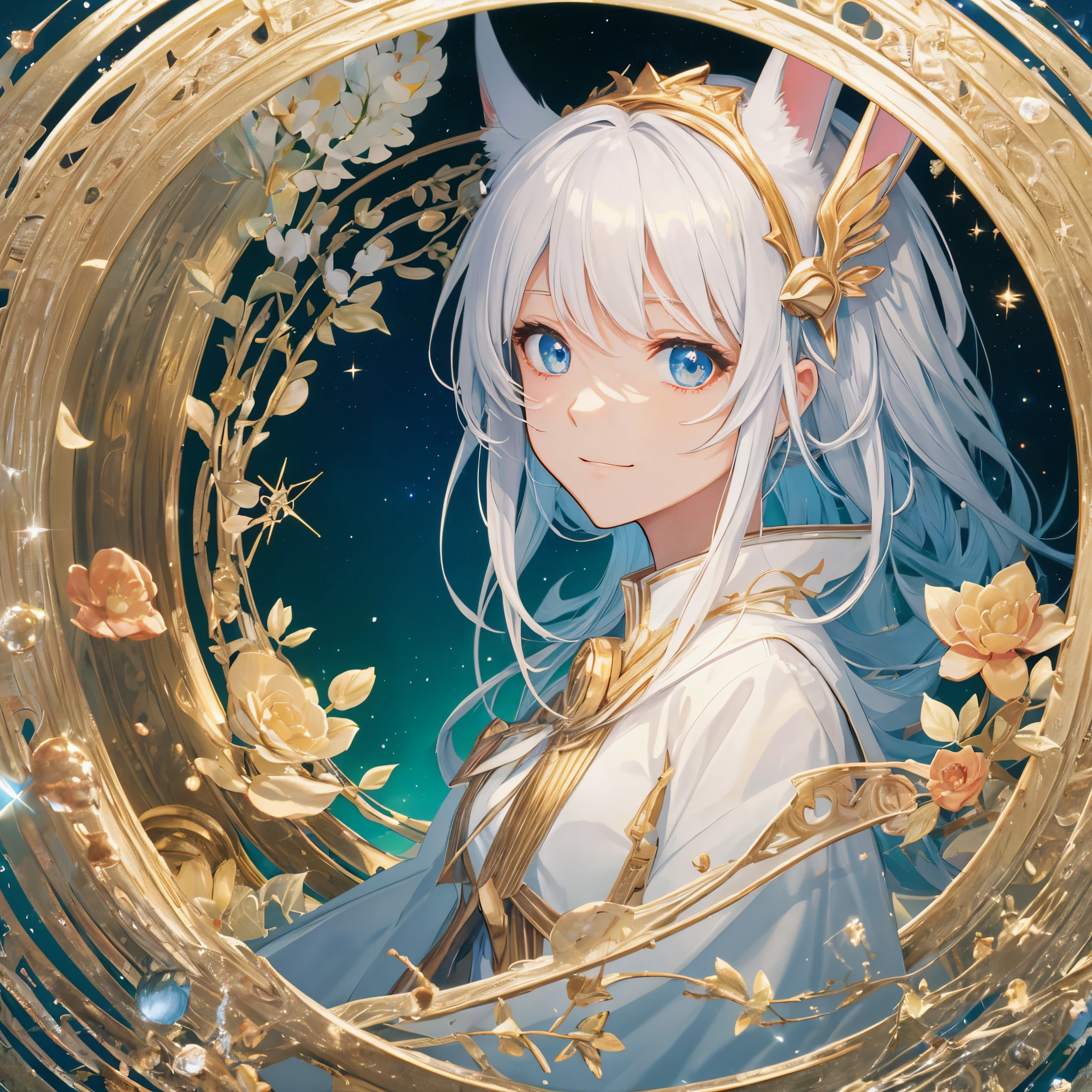 ((Gorgeous starry sky background),((ultra - detailed)),((Best Best Illustration),((电影lamplight)),{{cute anime face}},(Best quality at best),(ultra - detailed),(The best illustrations),(very delicate beautiful},{album covers},album,(Best quality at best,4K,A high resolution),Anime girl with bunny ears,Very long white rabbit ears, Travel through the universe, Wearing a flowing white magical girl robe,with smile, long flowing white hair, intricate headpiece, colorful bracelet, this rabbit#39;The ears are so long, Full body photo, cosmic, Interstellar Travel, galaxias, Starcloud, asteroids, vastness, Twinkling stars, A vibrant fantasy world, majestic cosmic background, Widescreen wallpaper,(tmasterpiece), (Best quality), (ultra - detailed),(curlies),(lamplight), (Fashion clothing),beautidful eyes, exquisite and beautiful face, floating, (high saturated), (shine), Serafre#39;Works on artstation, thick acrylic, Illustration on Pixiv, Portrait of waist up, Best quality , ultra - detailed, sad, skilled, Nice face, Character styles rendered by Octane,bright,cheerful,Interesting,gentlesoftlighting,(bauhause,shape,line engineering,Abstract:1.1),Best quality,cinematic Film still from,