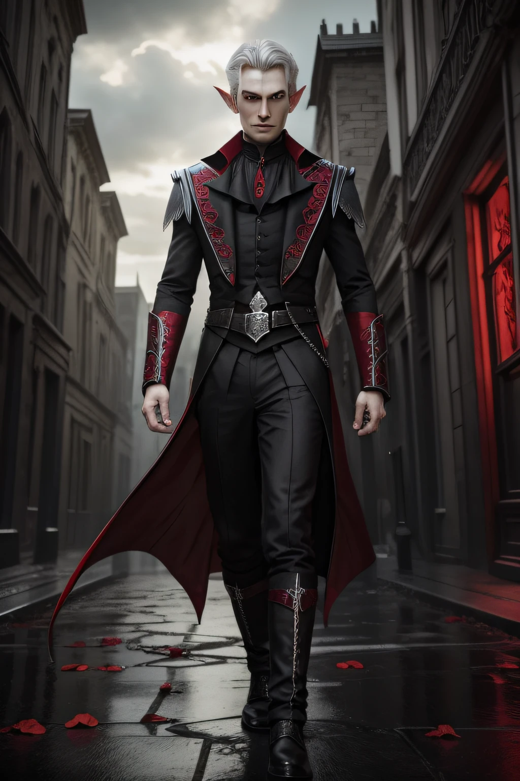 1 character. Male Elf Vampire, short silver curly hair, beatiful face, red-eyes, proud arrogant expression. Dressed in a gothic aristocratic red and black outfit., . Standing against the backdrop of a destroyed city. Magical cinematic lighting, many details, beautiody