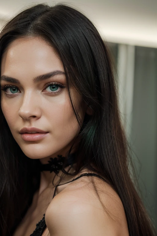 a woman with long black hair and green eyes at a modeling photoshopt with beautiful makeup, with green eyes, with stunning green eyes, keine Falten, Modelgesicht wie Megan Fox, big lips, Ultrarealistische digitale Malerei, Hyperrealistische digitale Malerei, Ultrarealistische digitale Kunst, Hyperrealistische digitale Malerei, Ultrarealistische digitale Kunst, with deep green eyes, Ultrarealistische digitale Kunst, with green eyes, Genau, ultrarealistische Gesichter, Realistische digitale Malerei, mit schwarzbraunen Haaren, definierte Gesichtsturktur, texturierte Haut, spitzes Kinn, hohe Wangenknochen, feine Nase, full body