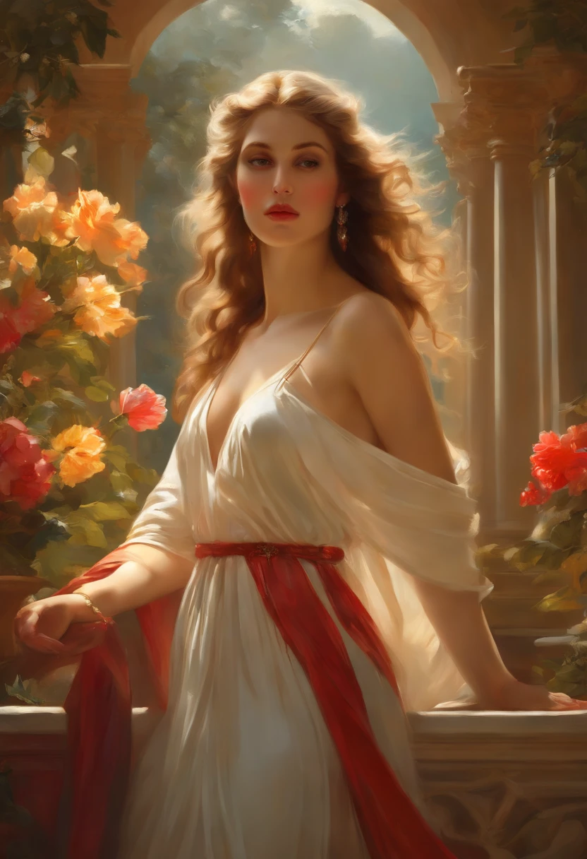 Painting of a woman, ((18 years old)), of extreme beauty and seduction, ((goddess of beautiful seduction)), perfect body, ((angel of death)), long hair, ancient Greek costume, flowing and ethereal dress , ((Greek columns in the background) ), ((floor covered in colorful flowers)), sexy posture, (( with a diamond and ruby amulet necklace around her neck)), ((bracelets on her arms and wrists)), dressed richly , ((sexy and sensual woman) ), ((goddess of seduction of extreme beauty)), baroque style painting, rococo, 32k Ultra, Ultra HD, Bowater art style, baroque digital painting, Renaissance digital painting, masterpiece! inspired by Franz Xaver Winterhalter, inspired by Friedrich von Amerling, beautiful character painting, beautiful digital painting, inspired by Thomas Lawrence, beautiful yywater painting, refraction, reflections, mirrors, prisms, sunlight, bright lights!! Complex, elegant, highly detailed digital painting, art station, concept art, sharp and soft focus, illustration, art by ( ( ( ( Artgerm ) ) ) ) and ( Greg Rutkowski )! and (((Alphonse Mucha))), eye