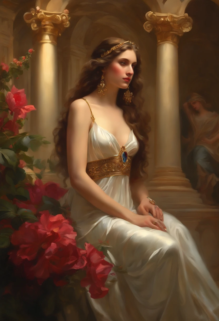 Painting of a woman, ((18 years old)), of extreme beauty and seduction, ((goddess of beautiful seduction)), perfect body, ((angel of death)), long hair, ancient Greek costume, flowing and ethereal dress , ((Greek columns in the background) ), ((floor covered in colorful flowers)), sexy posture, (( with a diamond and ruby amulet necklace around her neck)), ((bracelets on her arms and wrists)), dressed richly , ((sexy and sensual woman) ), ((goddess of seduction of extreme beauty)), baroque style painting, rococo, 32k Ultra, Ultra HD, Bowater art style, baroque digital painting, Renaissance digital painting, masterpiece! inspired by Franz Xaver Winterhalter, inspired by Friedrich von Amerling, beautiful character painting, beautiful digital painting, inspired by Thomas Lawrence, beautiful yywater painting, refraction, reflections, mirrors, prisms, sunlight, bright lights!! Complex, elegant, highly detailed digital painting, art station, concept art, sharp and soft focus, illustration, art by ( ( ( ( Artgerm ) ) ) ) and ( Greg Rutkowski )! and (((Alphonse Mucha))), eye